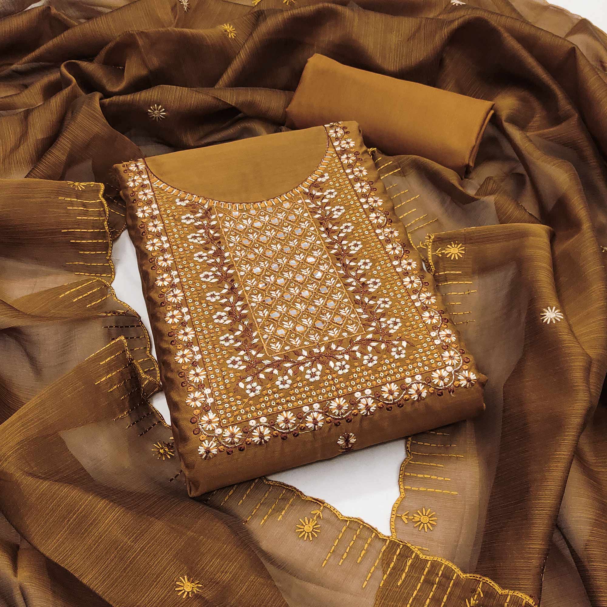 Yellow Ocre Floral Embroidered Cotton Blend Dress Material