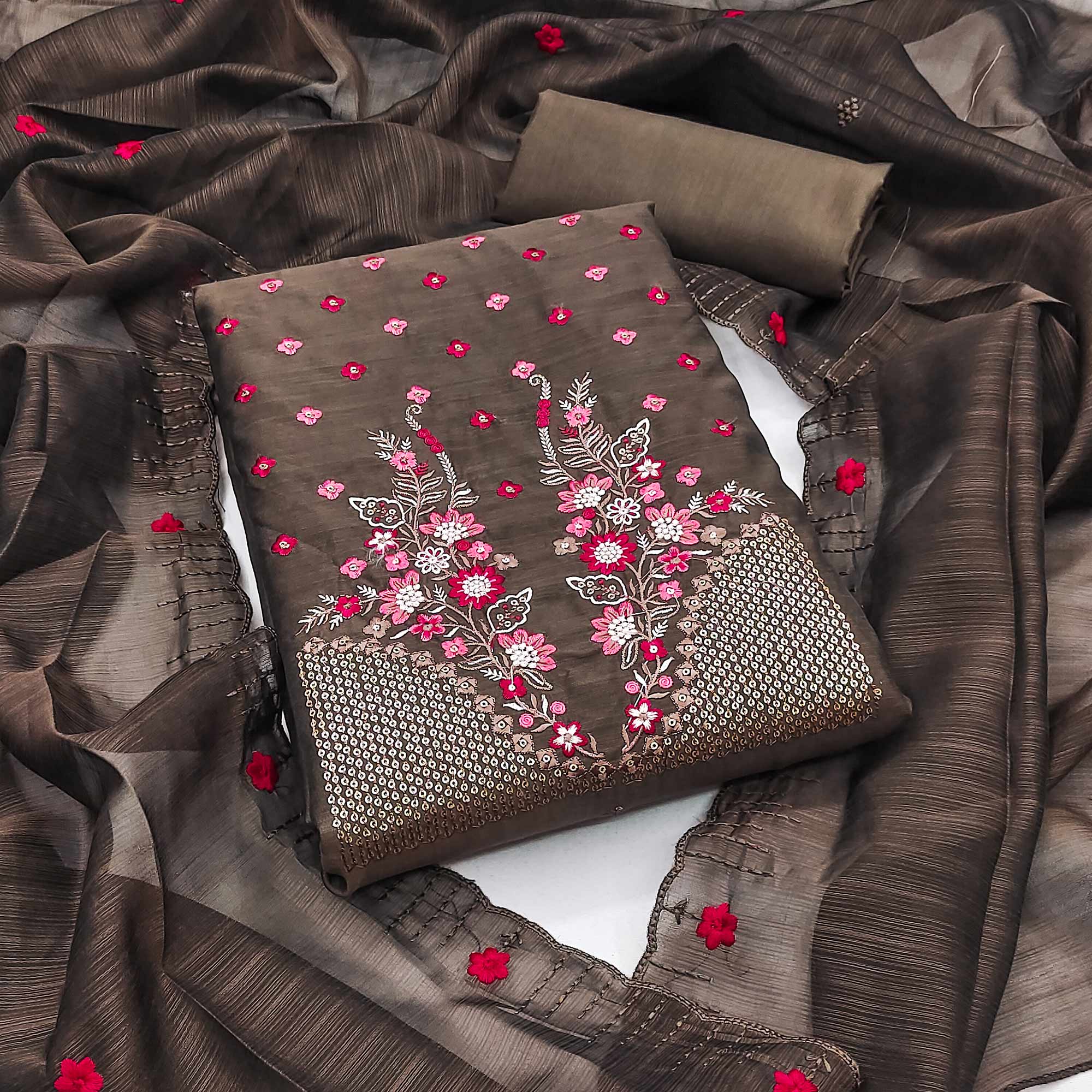 Brown Floral Embroidered Cotton Blend Dress Material