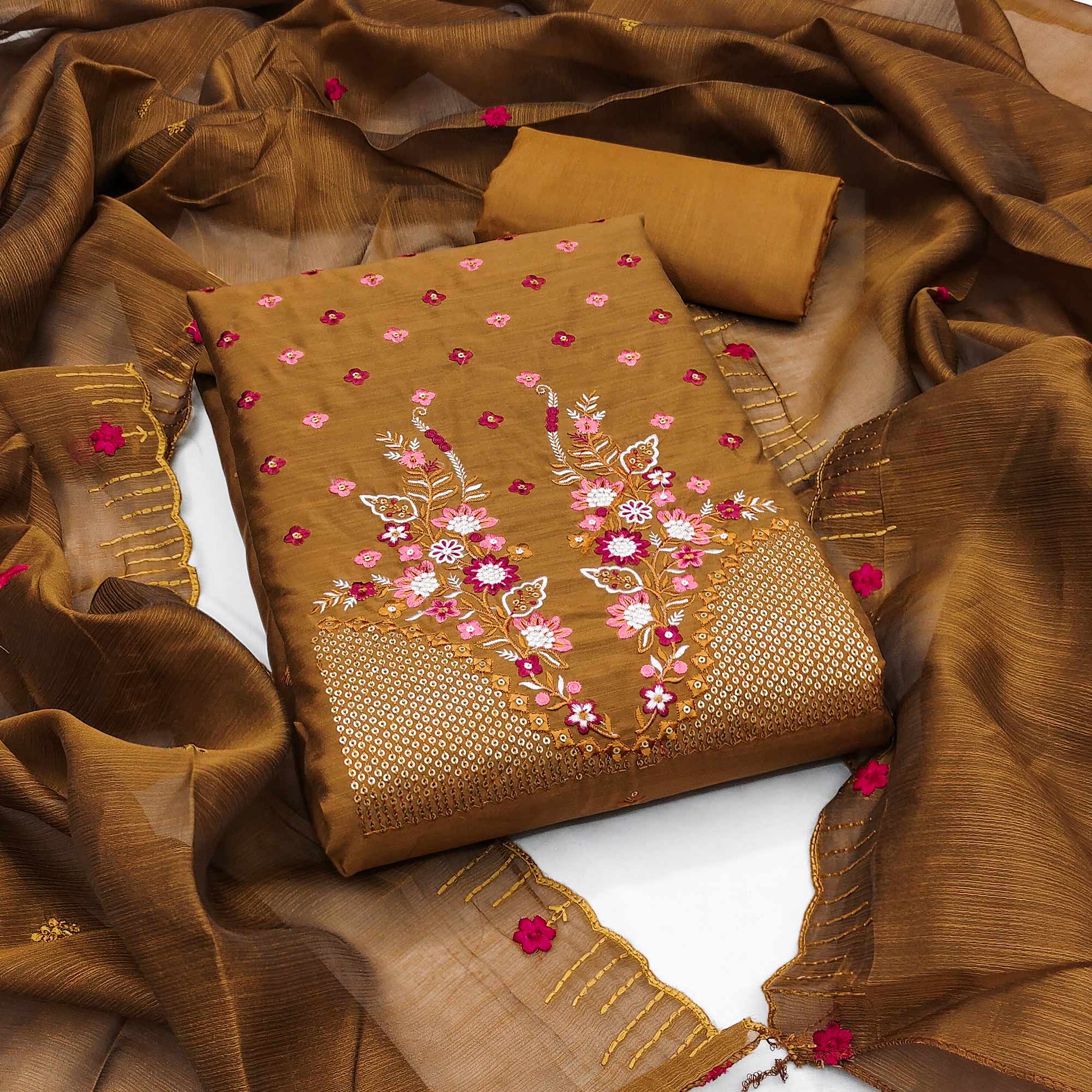 Yellow Ocre Floral Embroidered Cotton Blend Dress Material