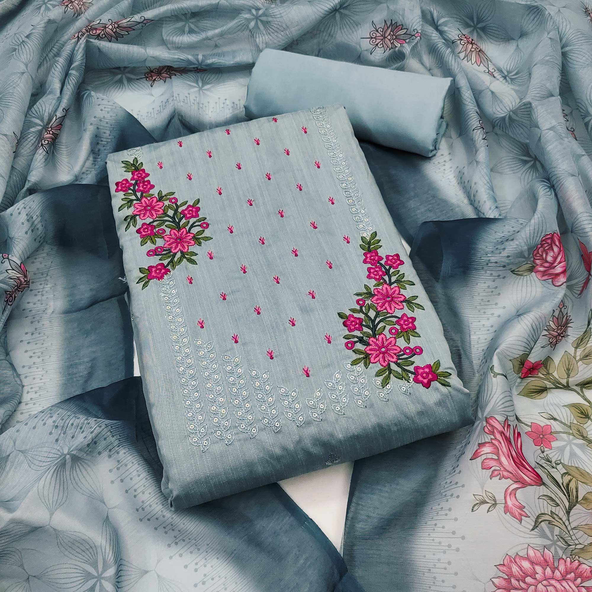 Bluyish Grey Floral Embroidered Cotton Blend Dress Material