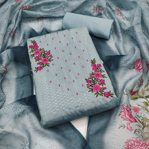 Bluyish Grey Floral Embroidered Cotton Blend Dress Material