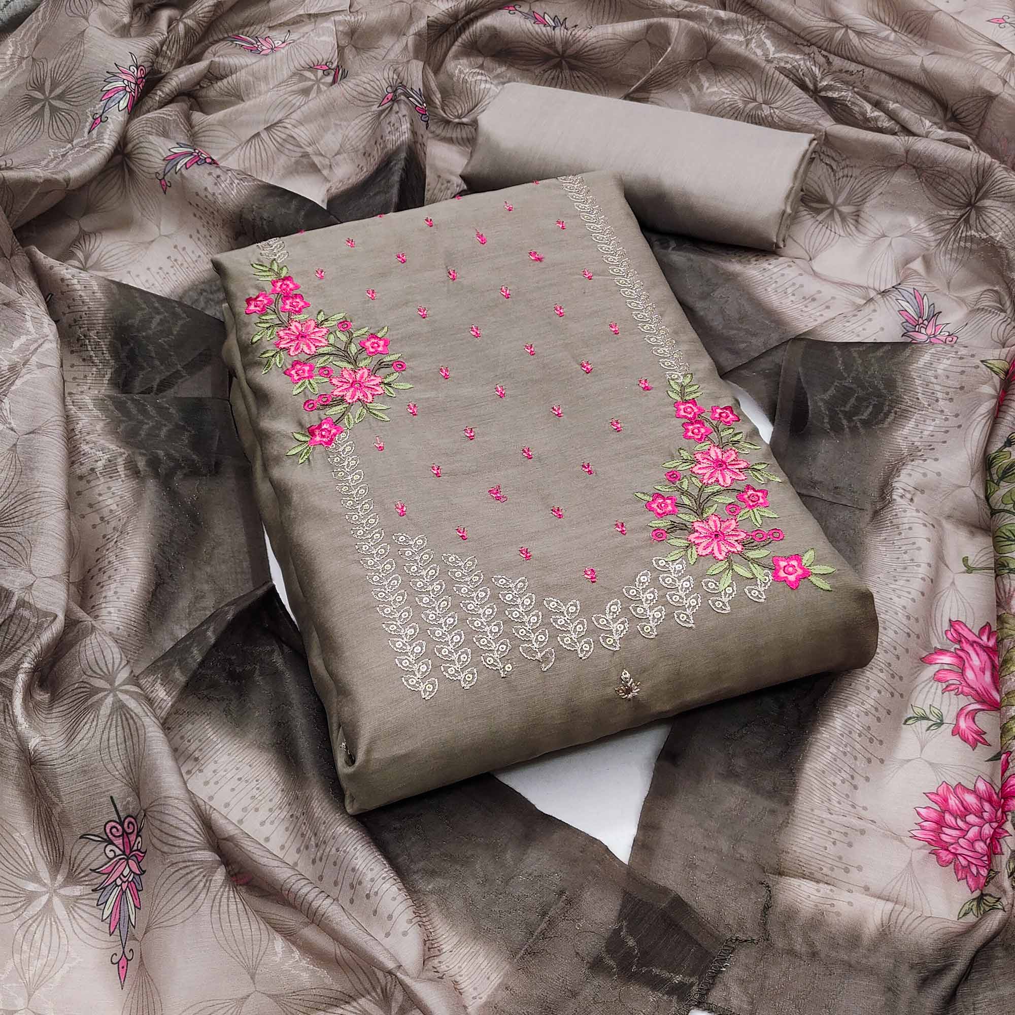 Brown Floral Embroidered Cotton Blend Dress Material