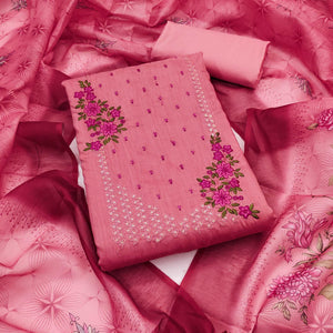 Dark Peach Floral Embroidered Cotton Blend Dress Material