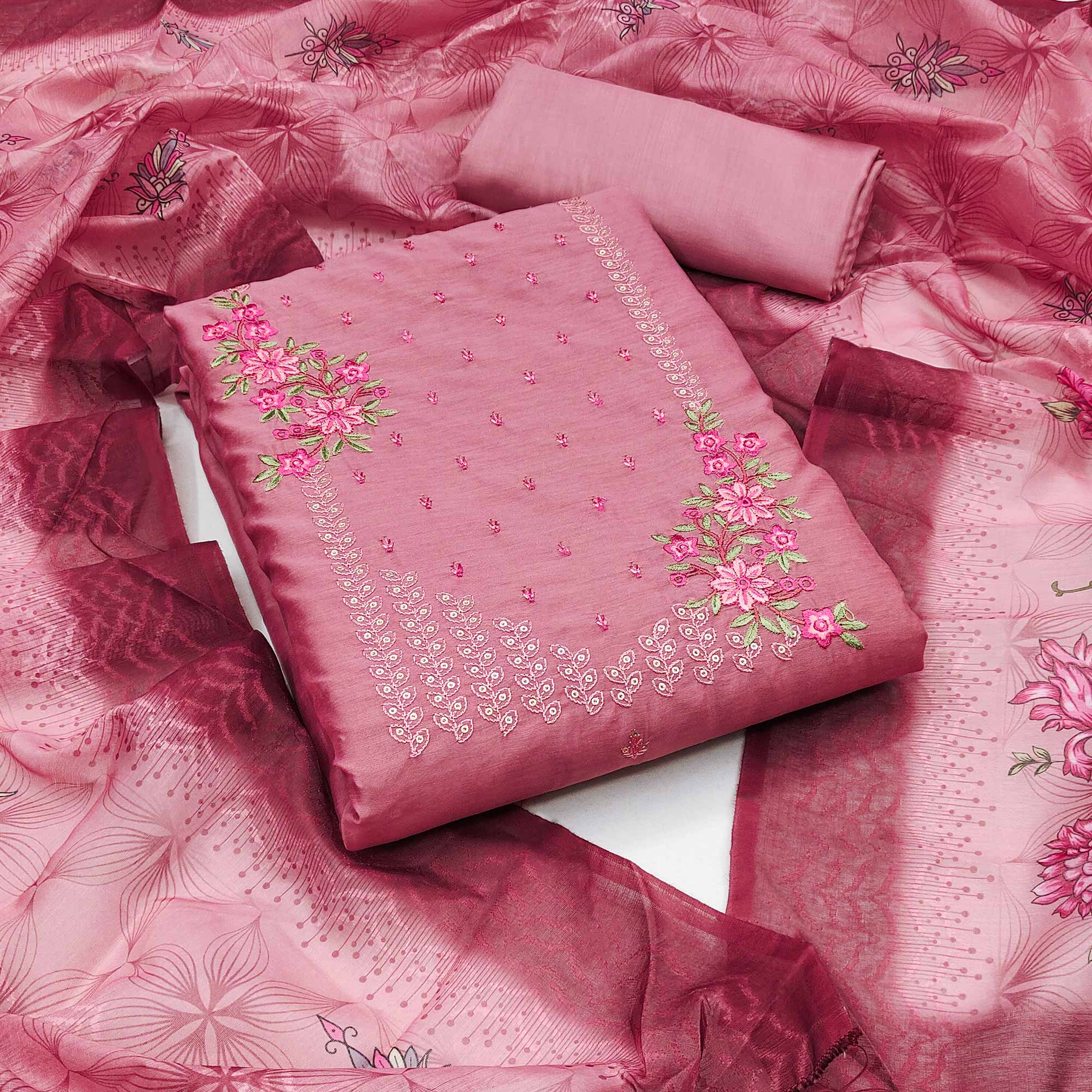 Pink Floral Embroidered Cotton Blend Dress Material