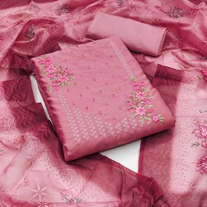 Pink Floral Embroidered Cotton Blend Dress Material