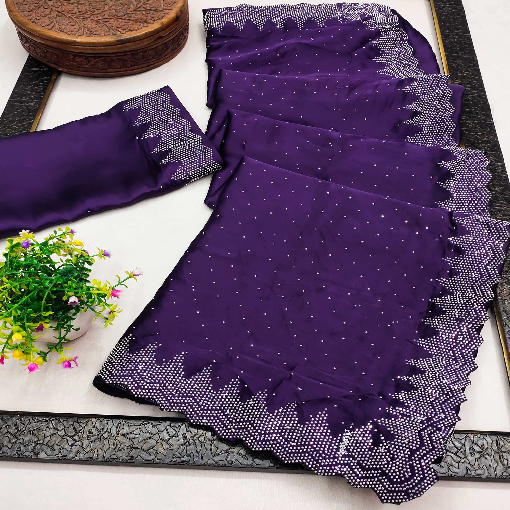 Purple Stone Work Embroidered Satin Saree