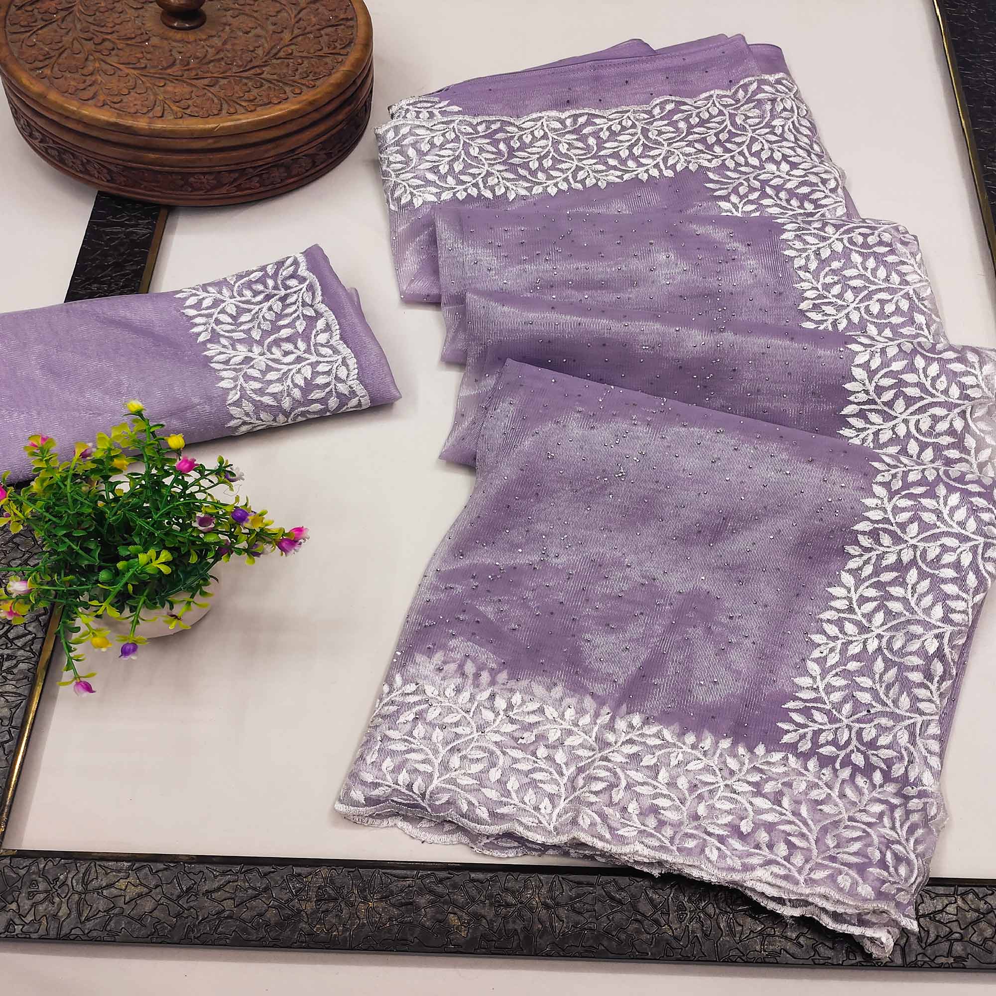 Lavender Embroidered Net Saree