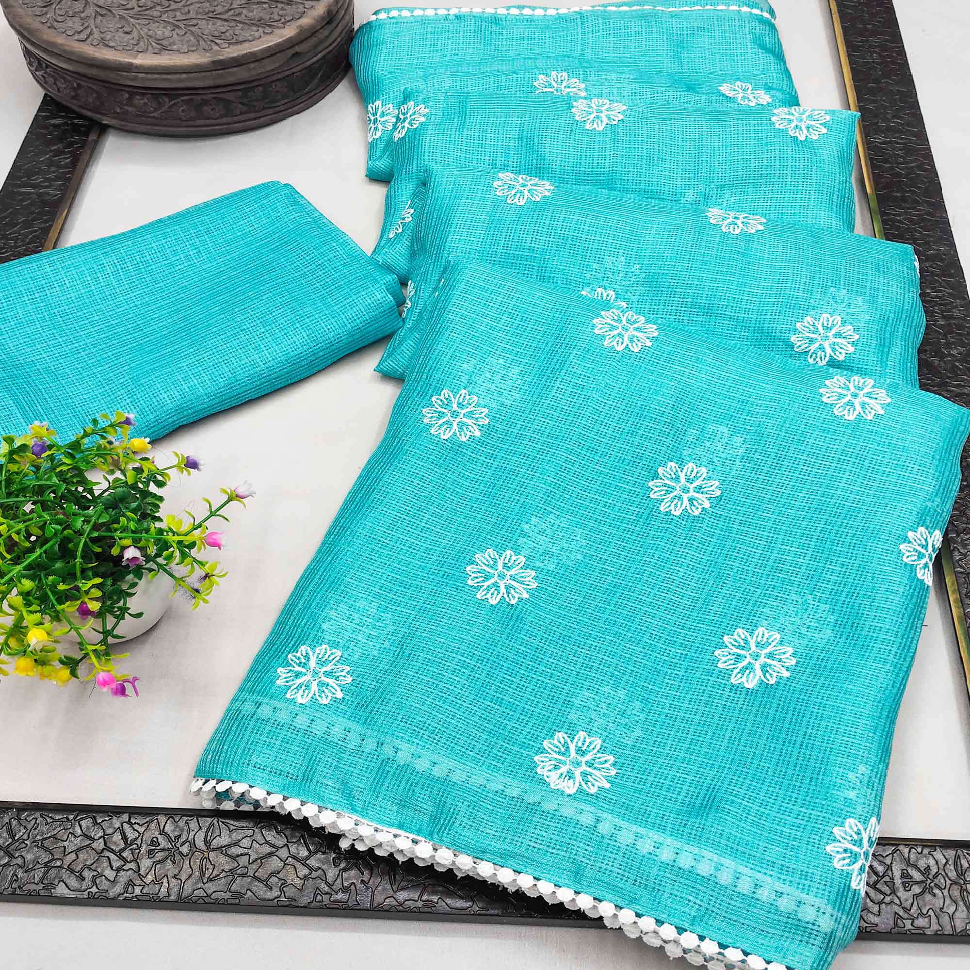 Turquoise Embroidered Net Saree