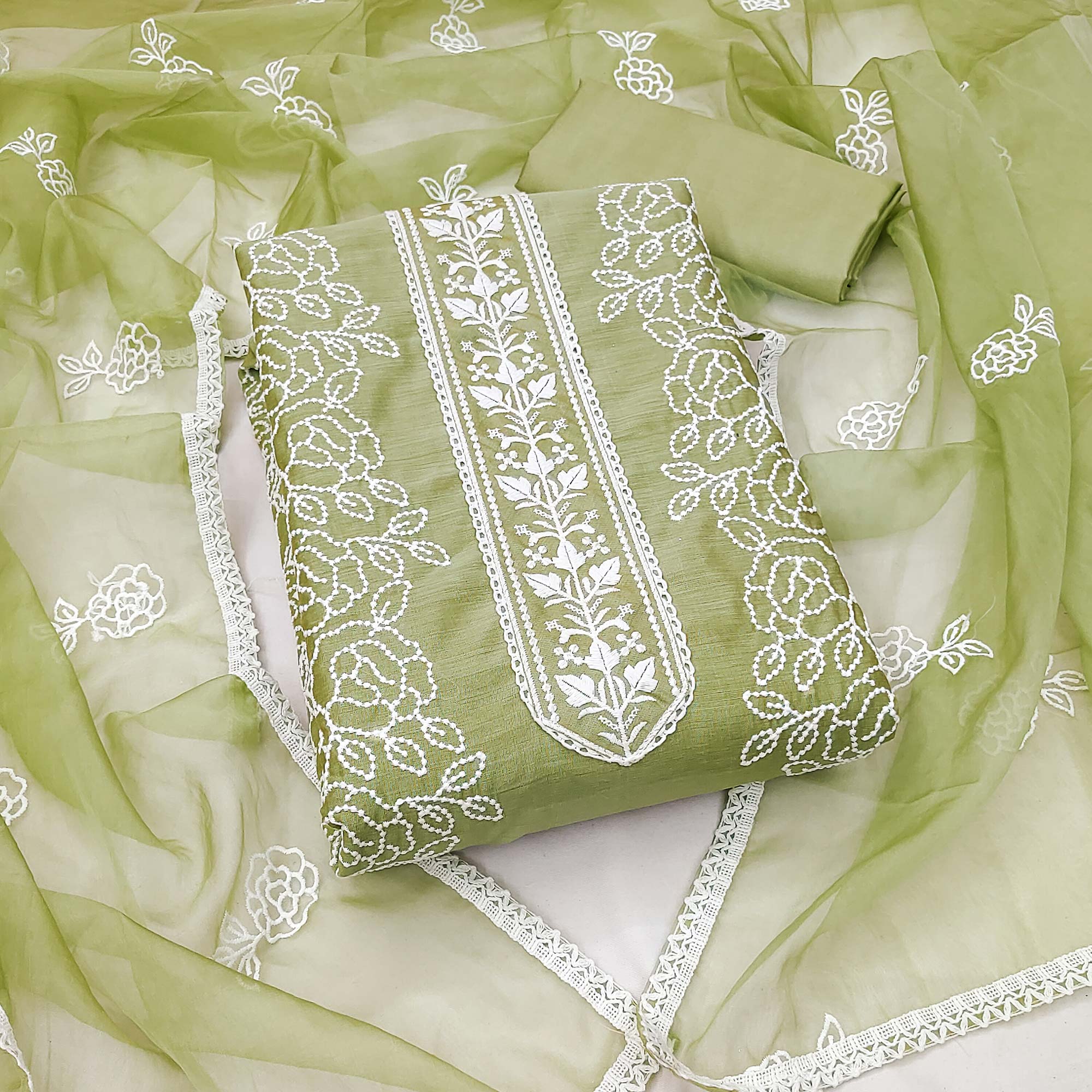 Green Floral Embroidered Chanderi Dress Material