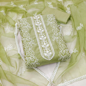 Green Floral Embroidered Chanderi Dress Material