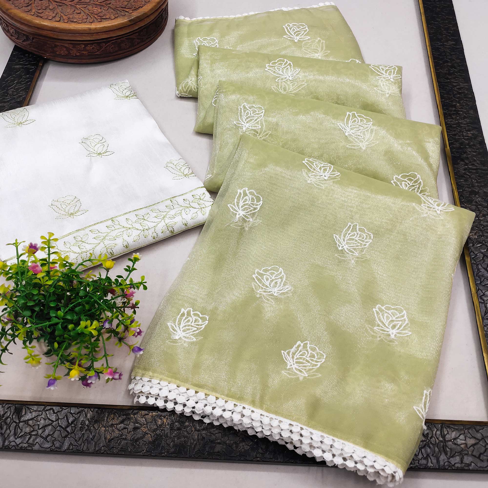 Green Floral Embroidered Net Saree