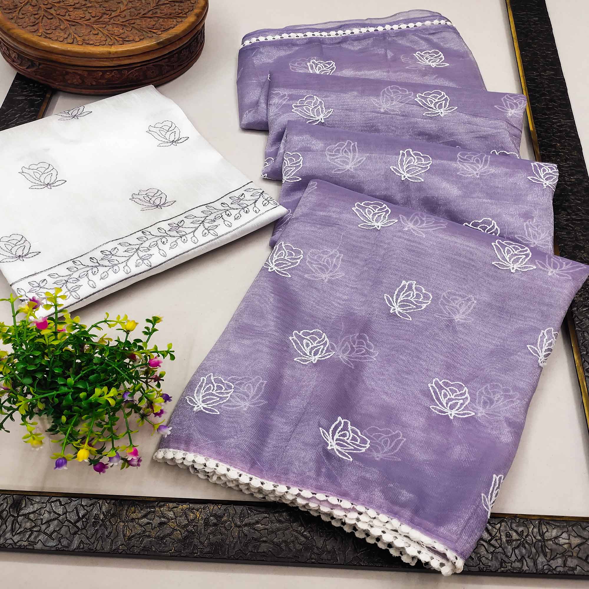 Lavender Floral Embroidered Net Saree