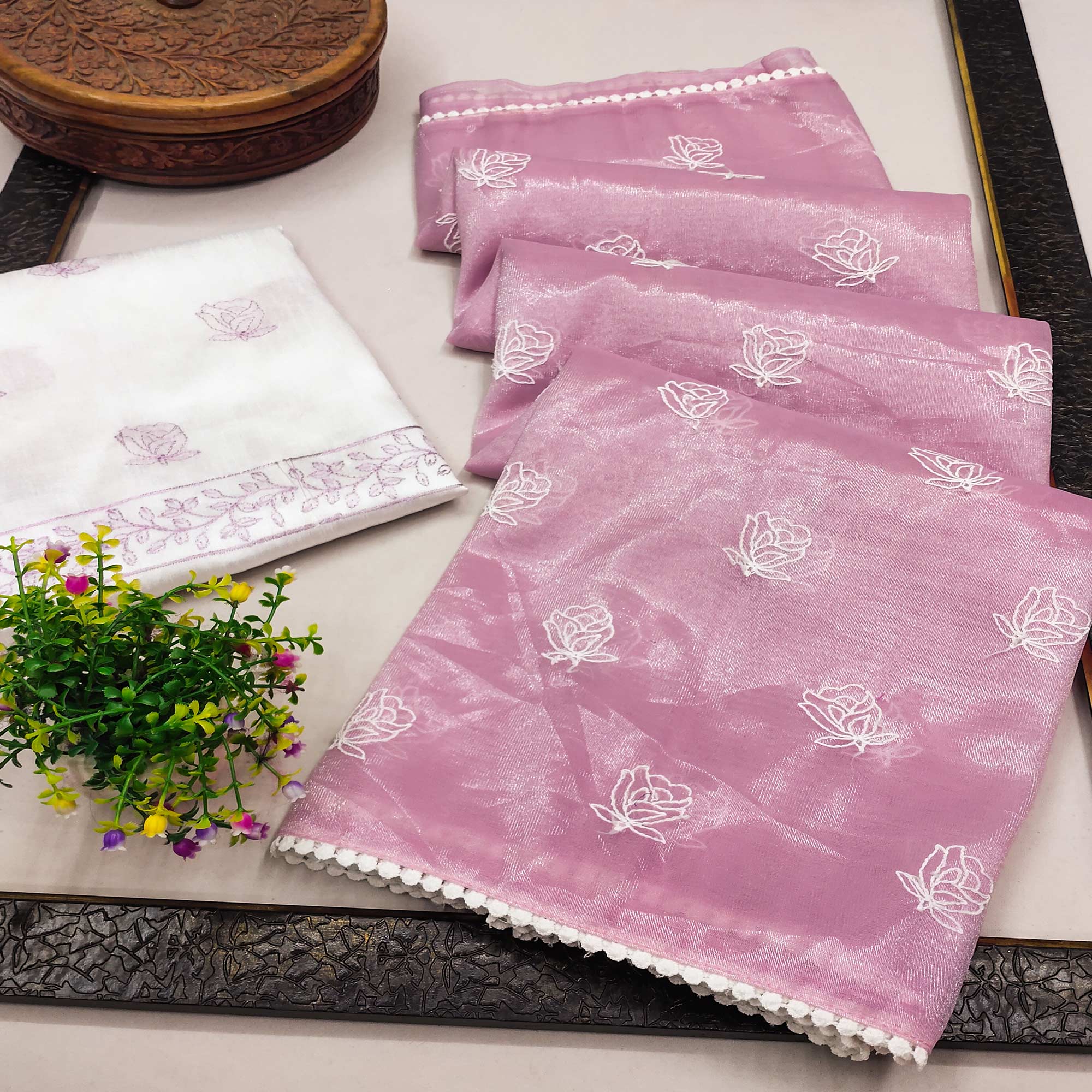 Pink Floral Embroidered Net Saree