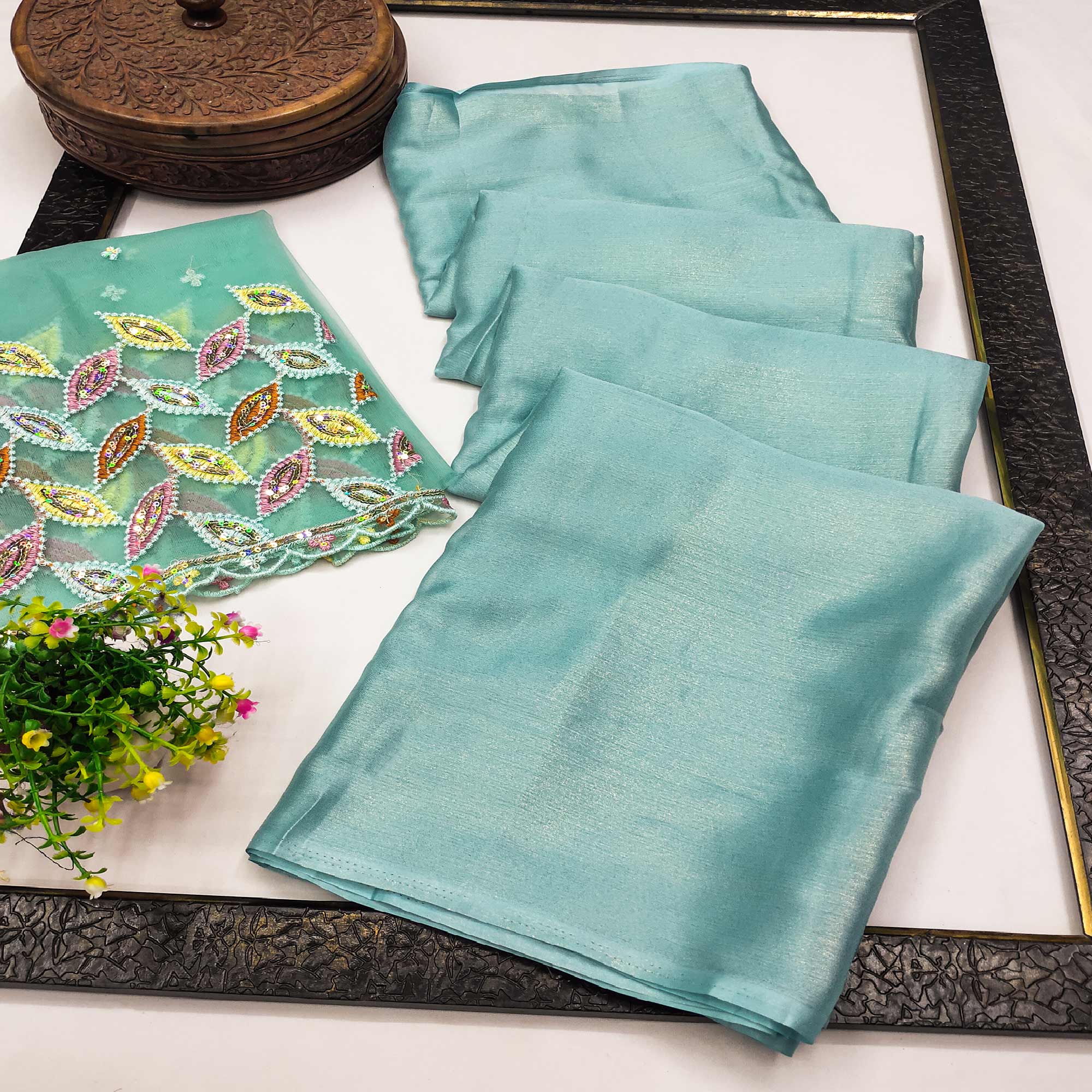 Aqua Blue Solid Chiffon Saree