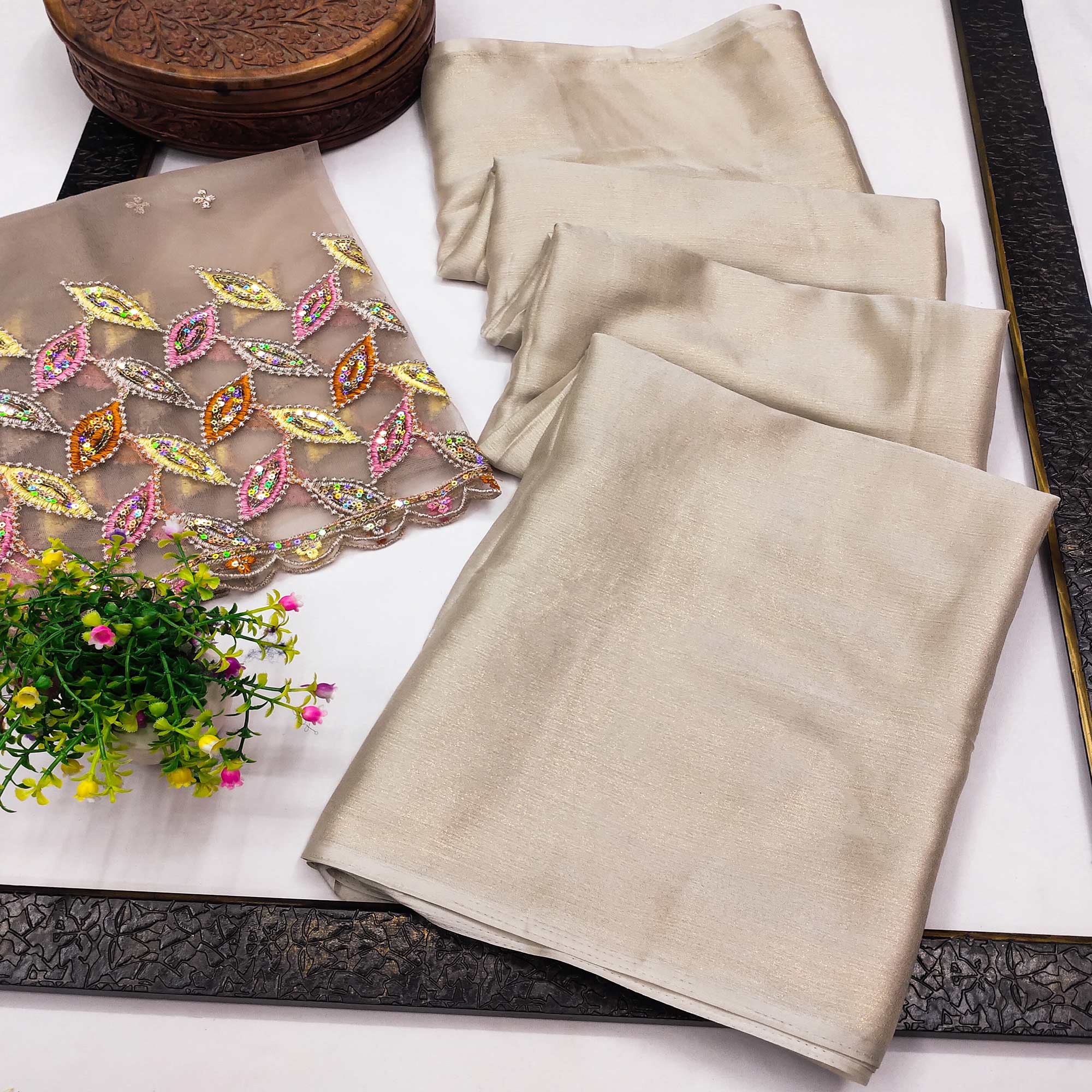 Beige Solid Chiffon Saree