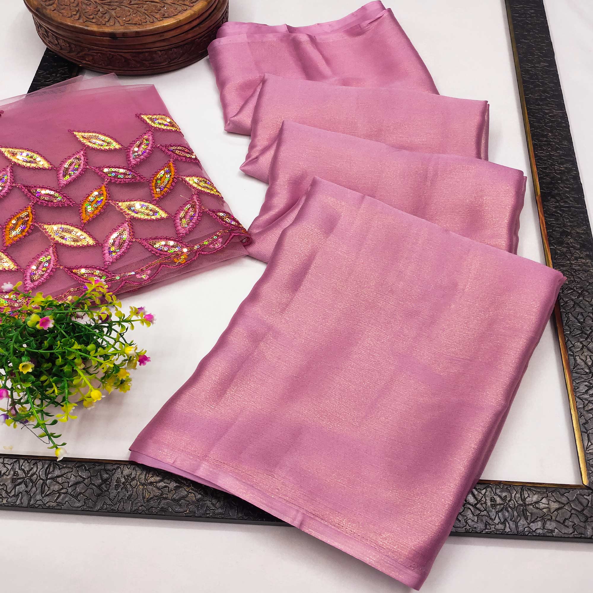 Pink Solid Chiffon Saree