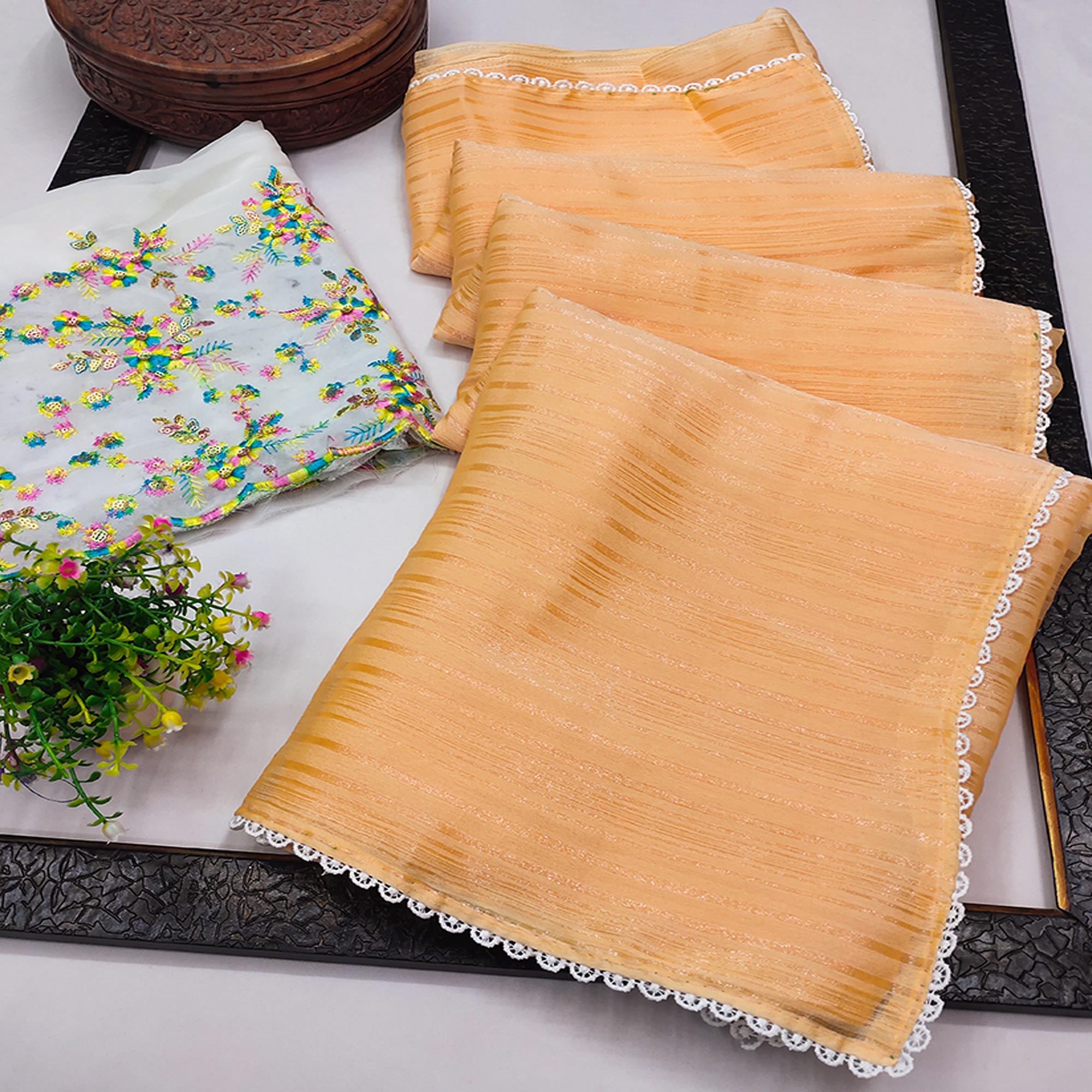 Orange Solid Woven Chiffon Saree With Lace Border