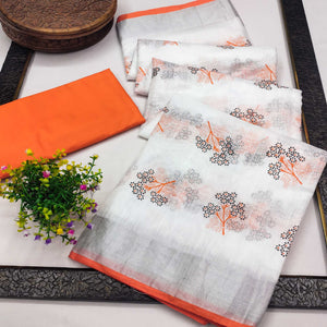 White & Orange Floral Printed Linen Saree