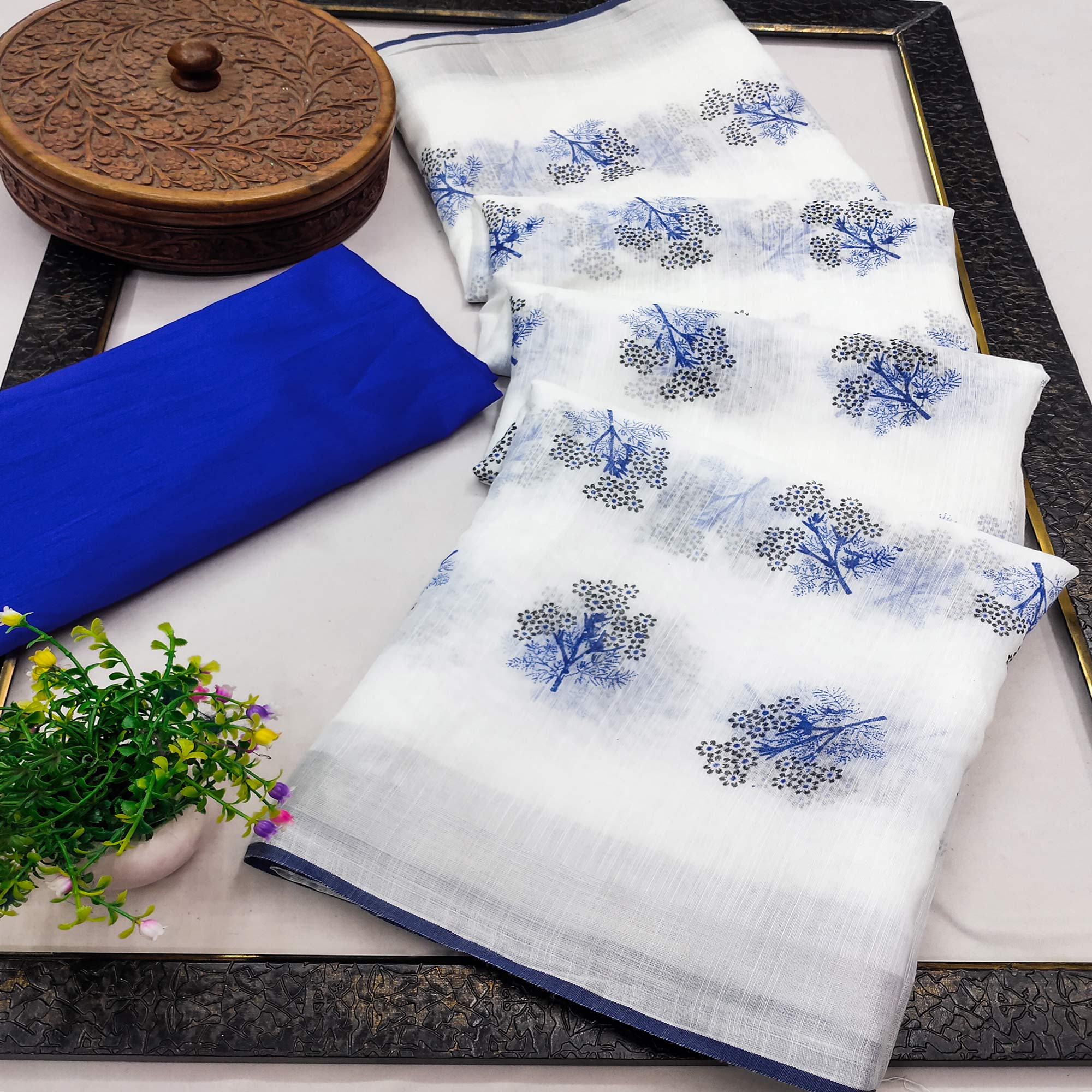 White & Blue Floral Printed Linen Saree