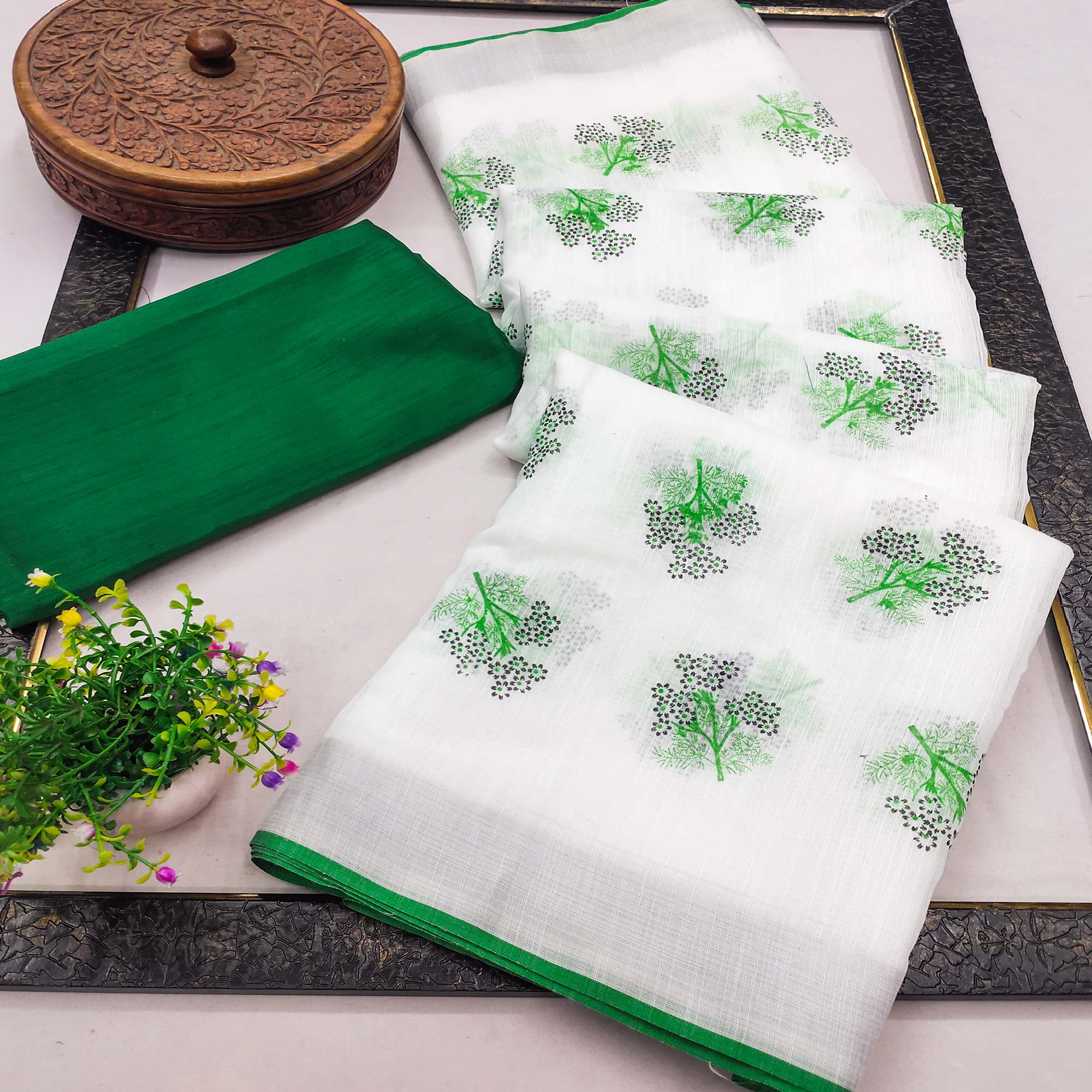 White & Green Floral Printed Linen Saree