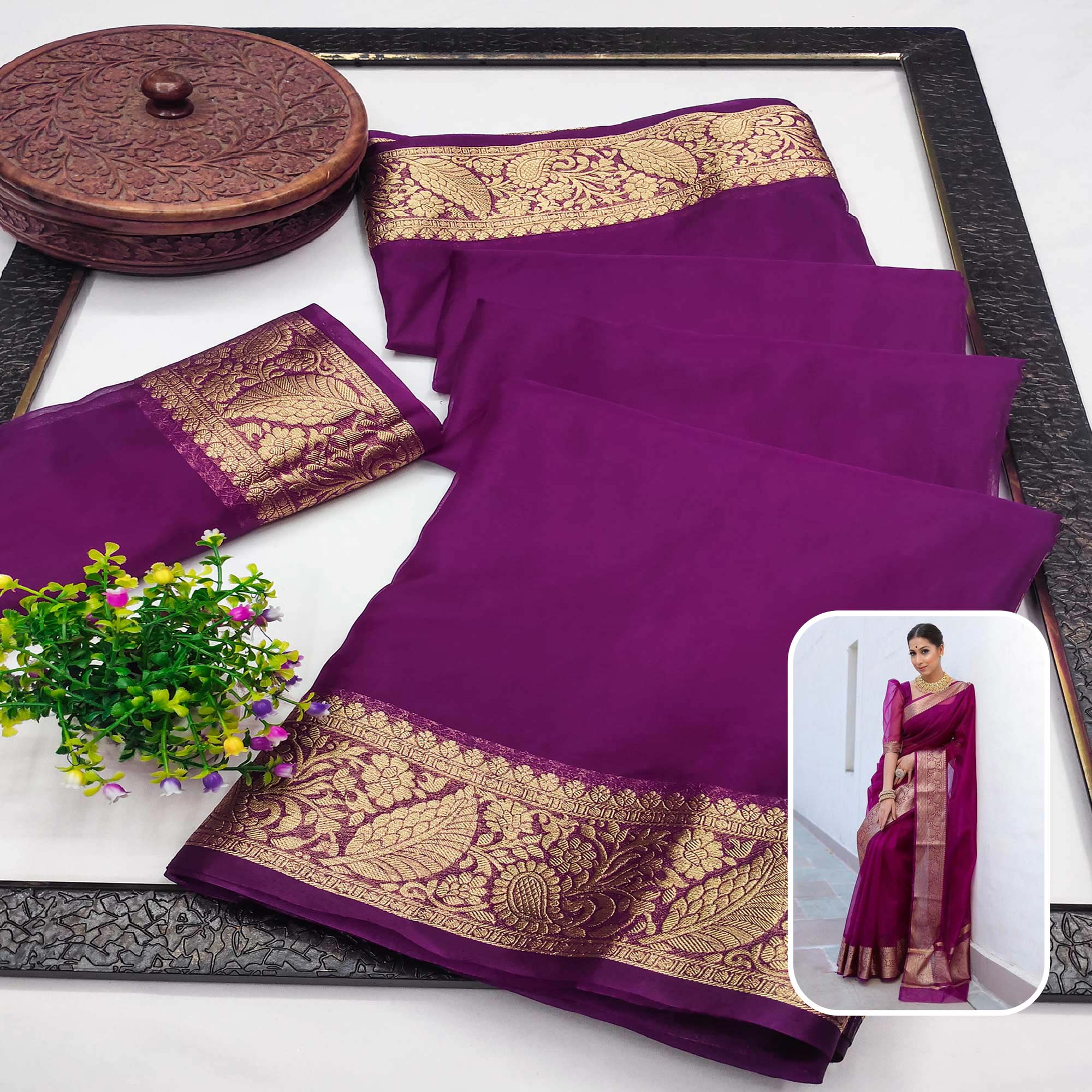 Dark Purple Solid Organza Saree With Zari Border