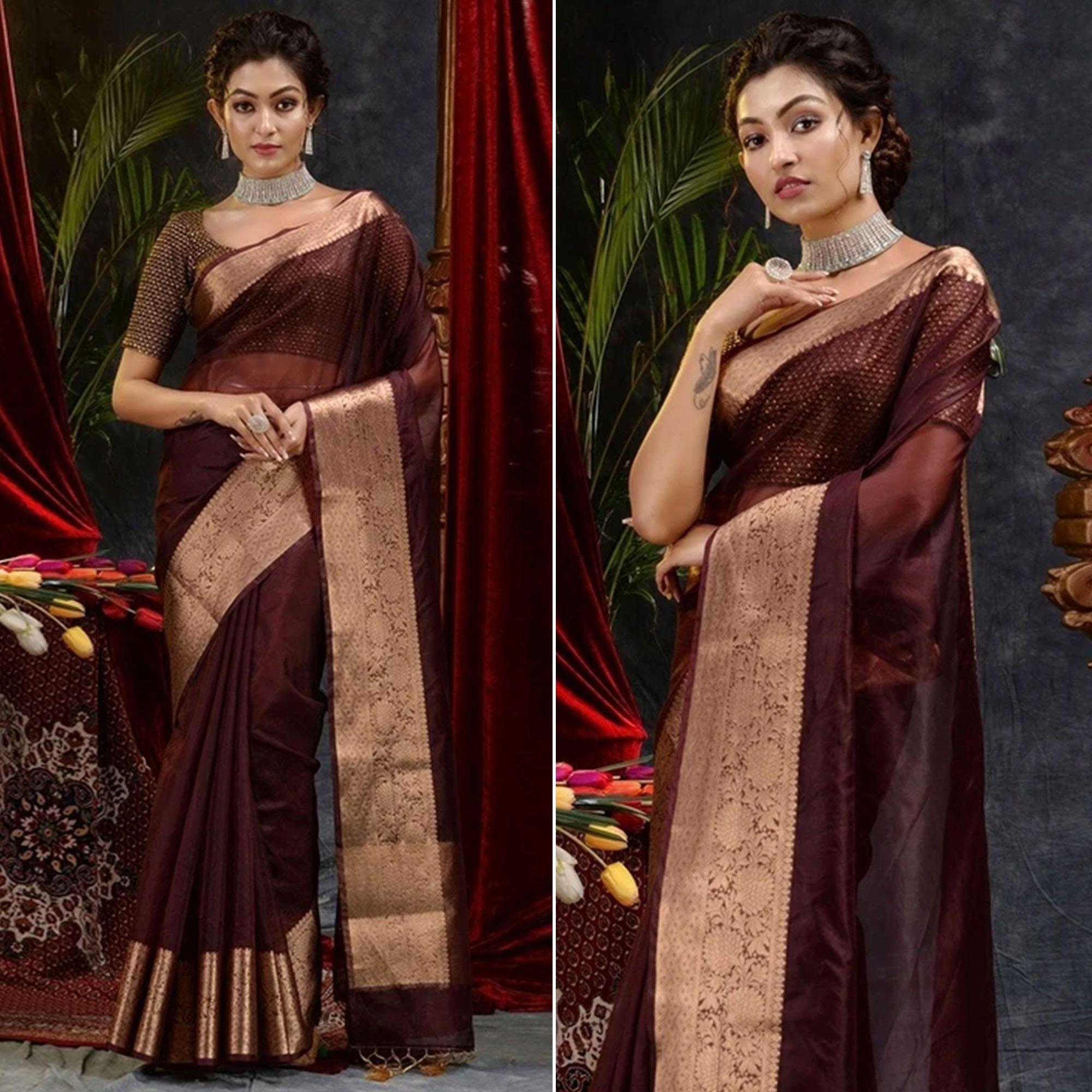 Dark Maroon Solid Organza Saree With Zari Border