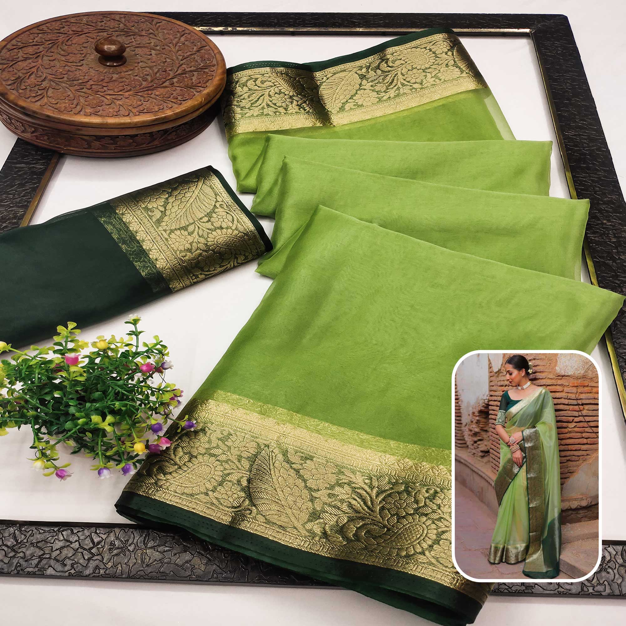 Green Solid Organza Saree With Zari Border