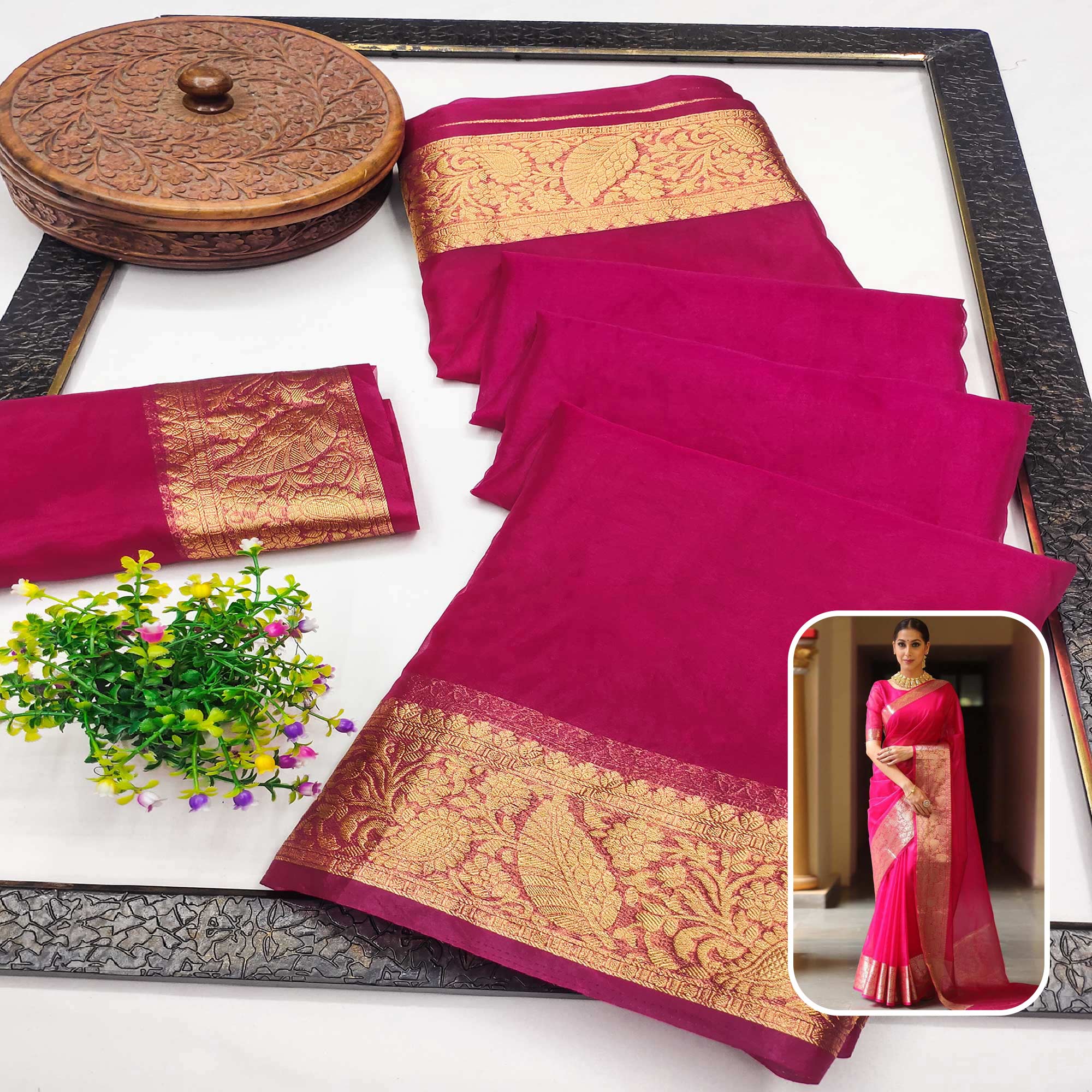 Magenta Solid Organza Saree With Zari Border