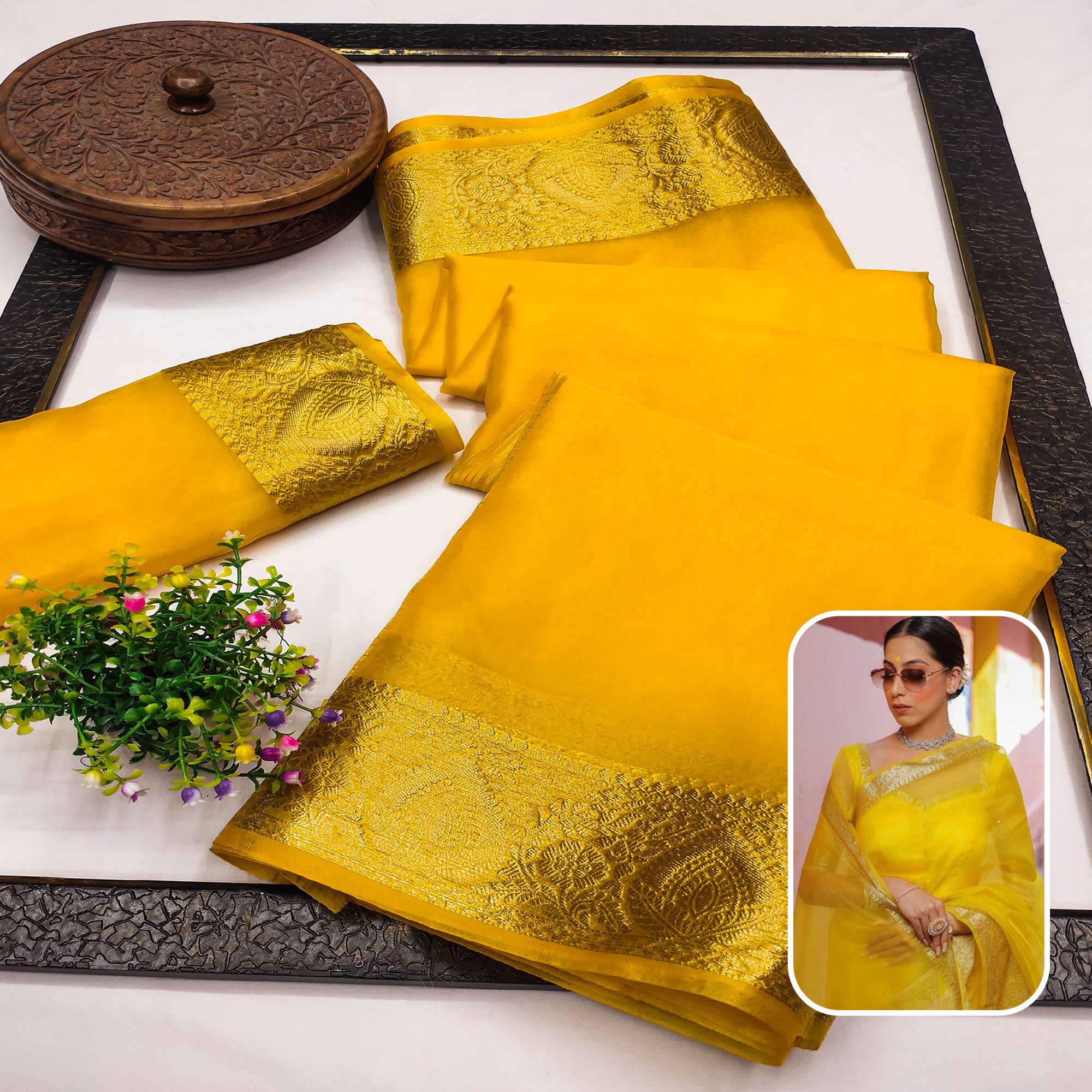 Mustard Solid Organza Saree With Zari Border