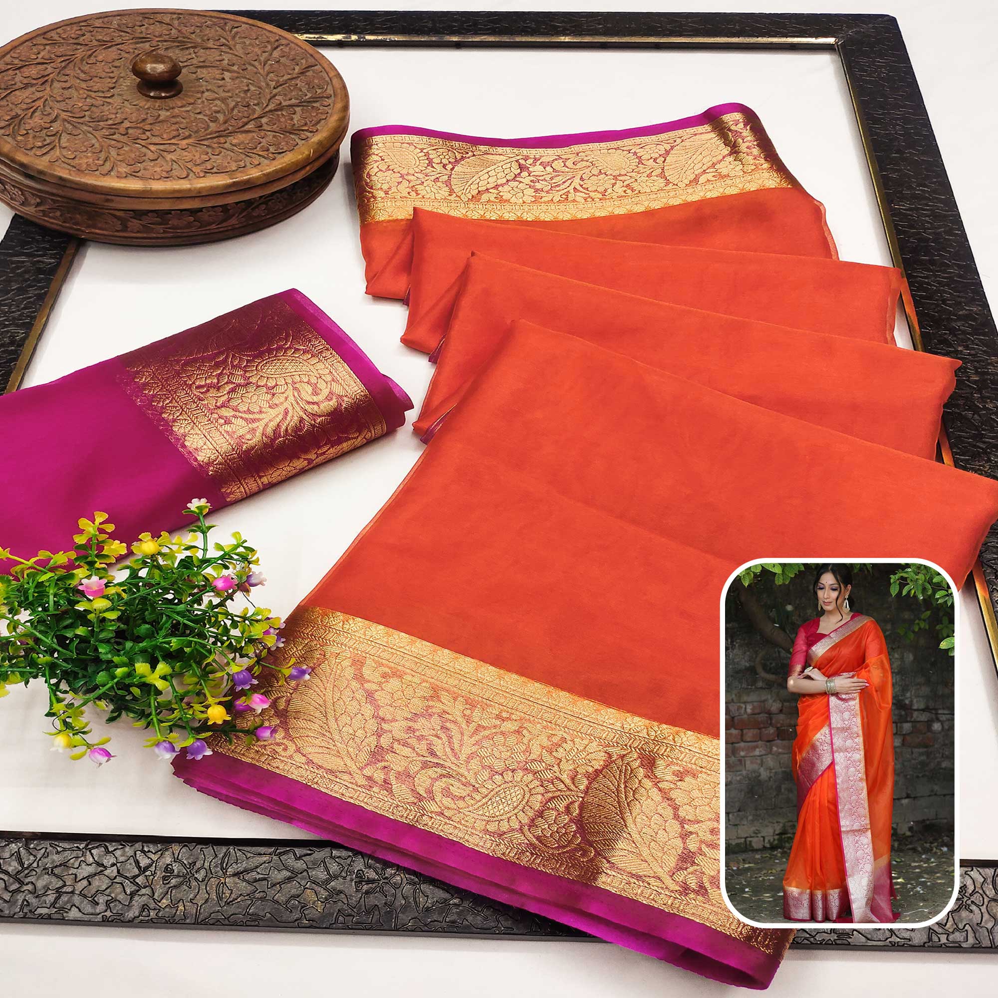 Orange Solid Organza Saree With Zari Border