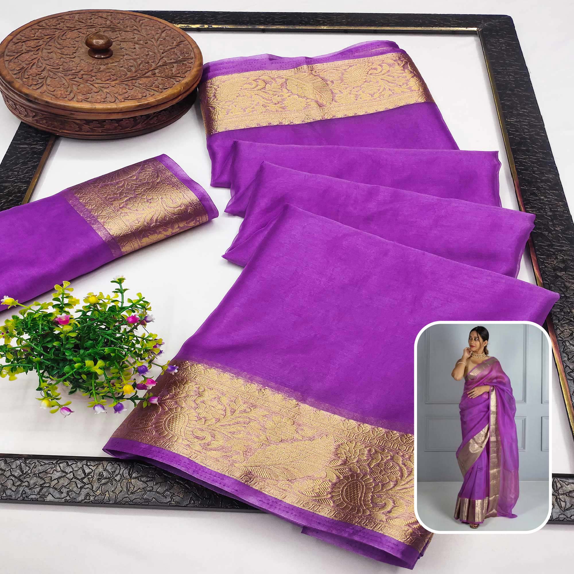 Purple Solid Organza Saree With Zari Border