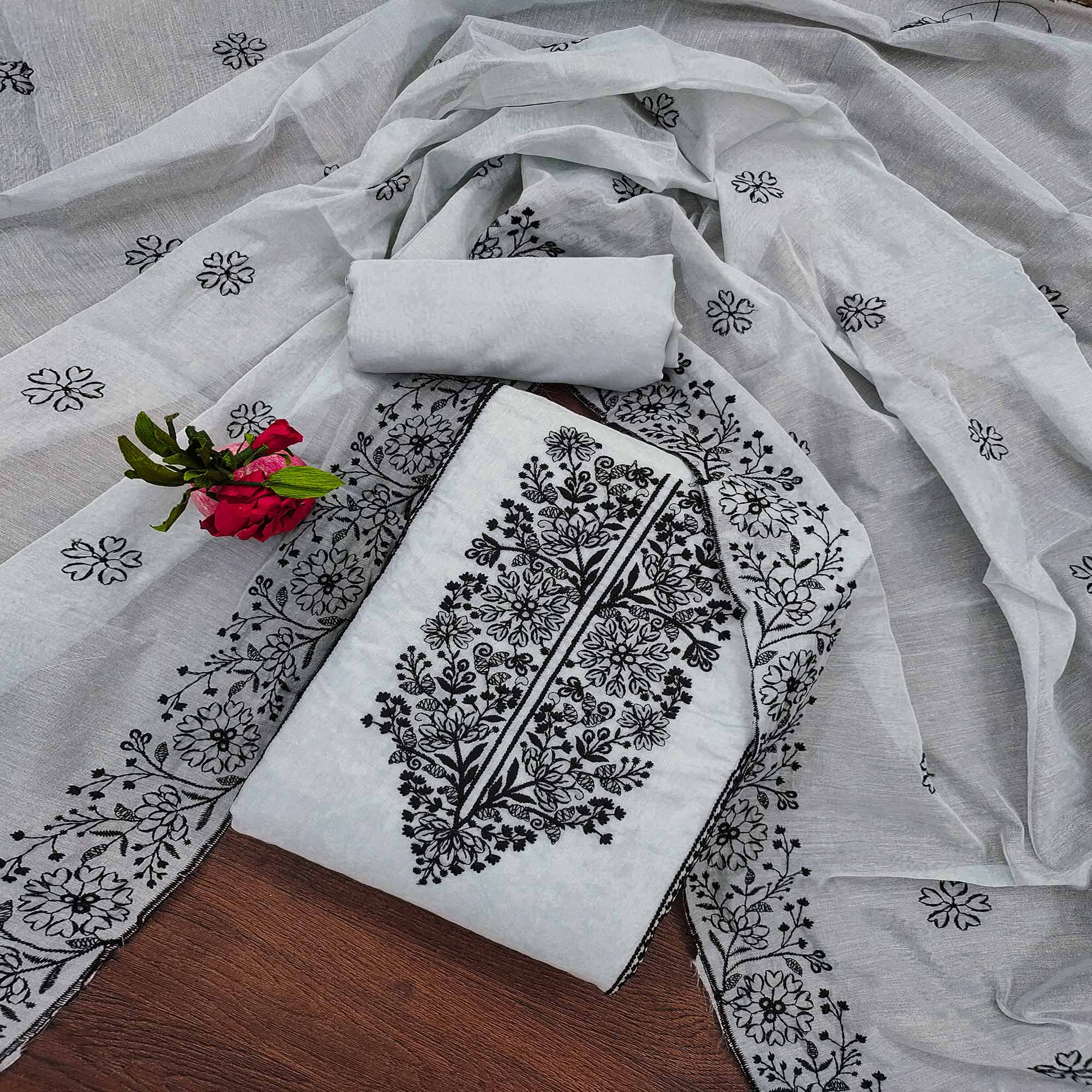 Grey Floral Embroidered Chanderi Dress Material