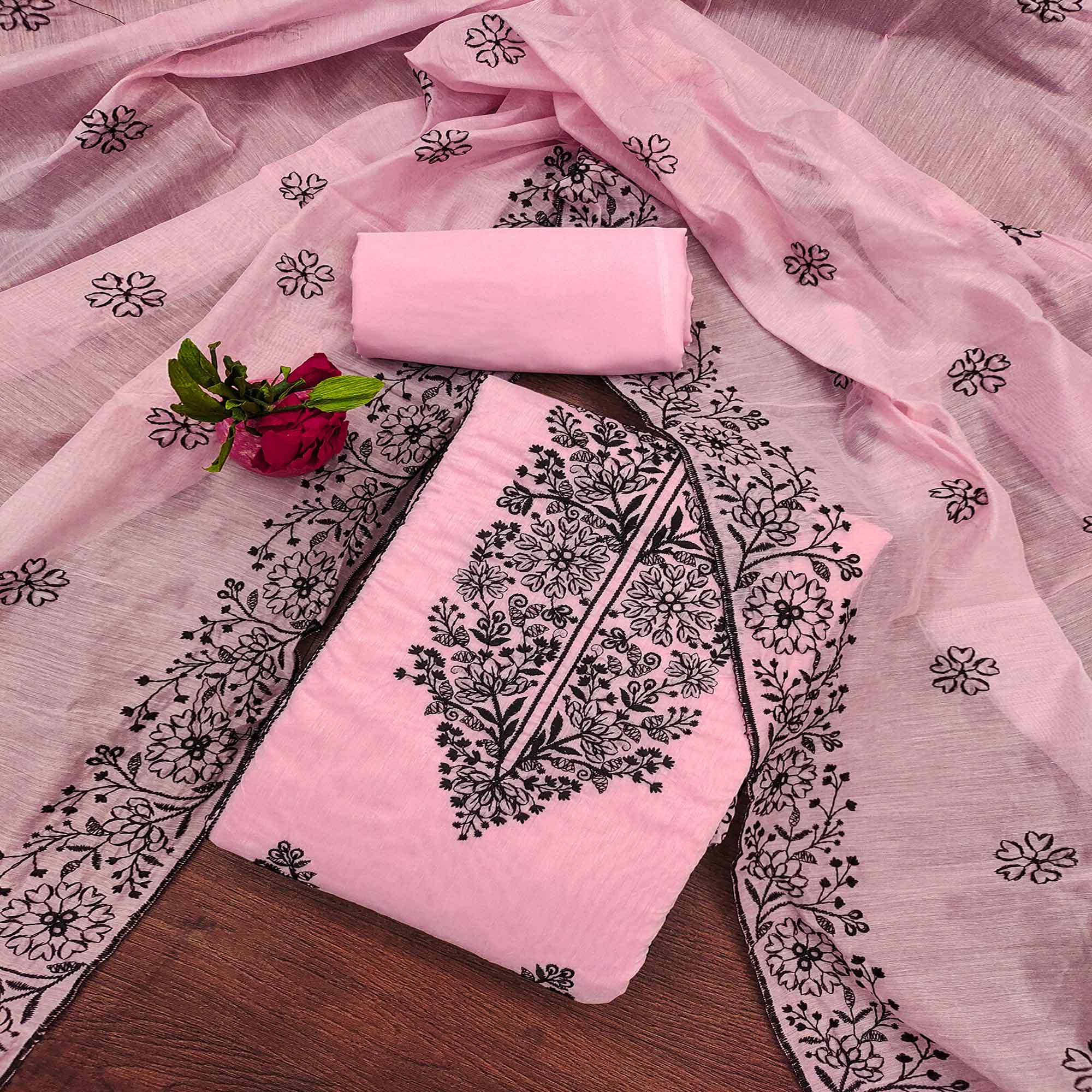 Pink Floral Embroidered Chanderi Dress Material