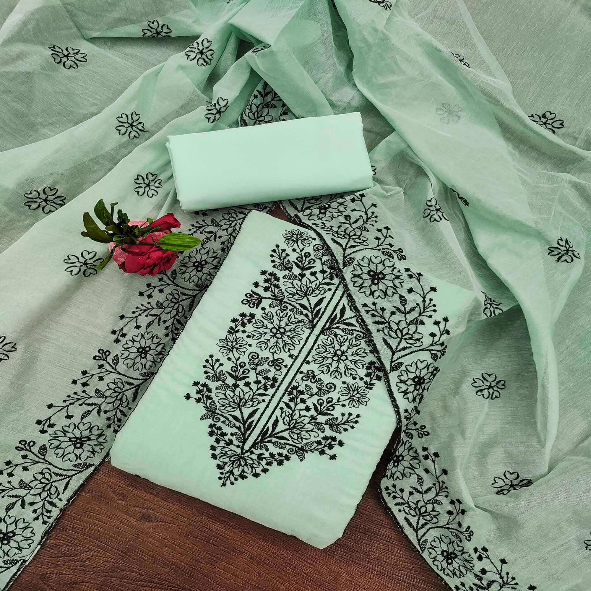 Sea Green Floral Embroidered Chanderi Dress Material