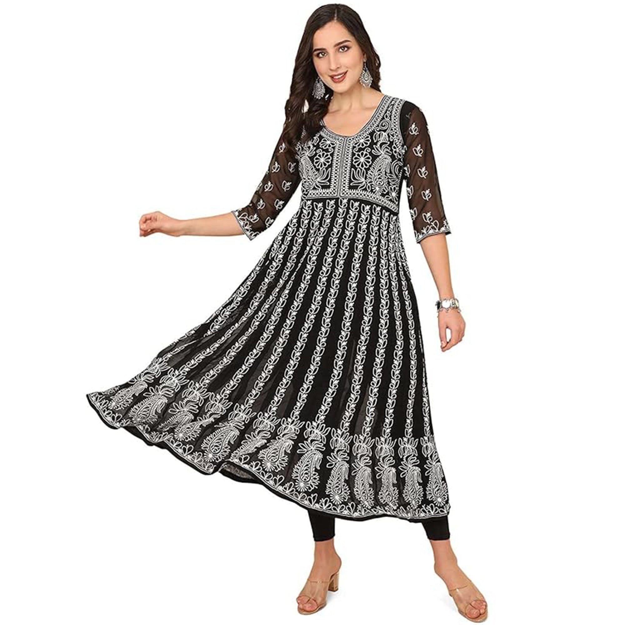 Black Chikan Embroidery Georgette Anarkali KurtI