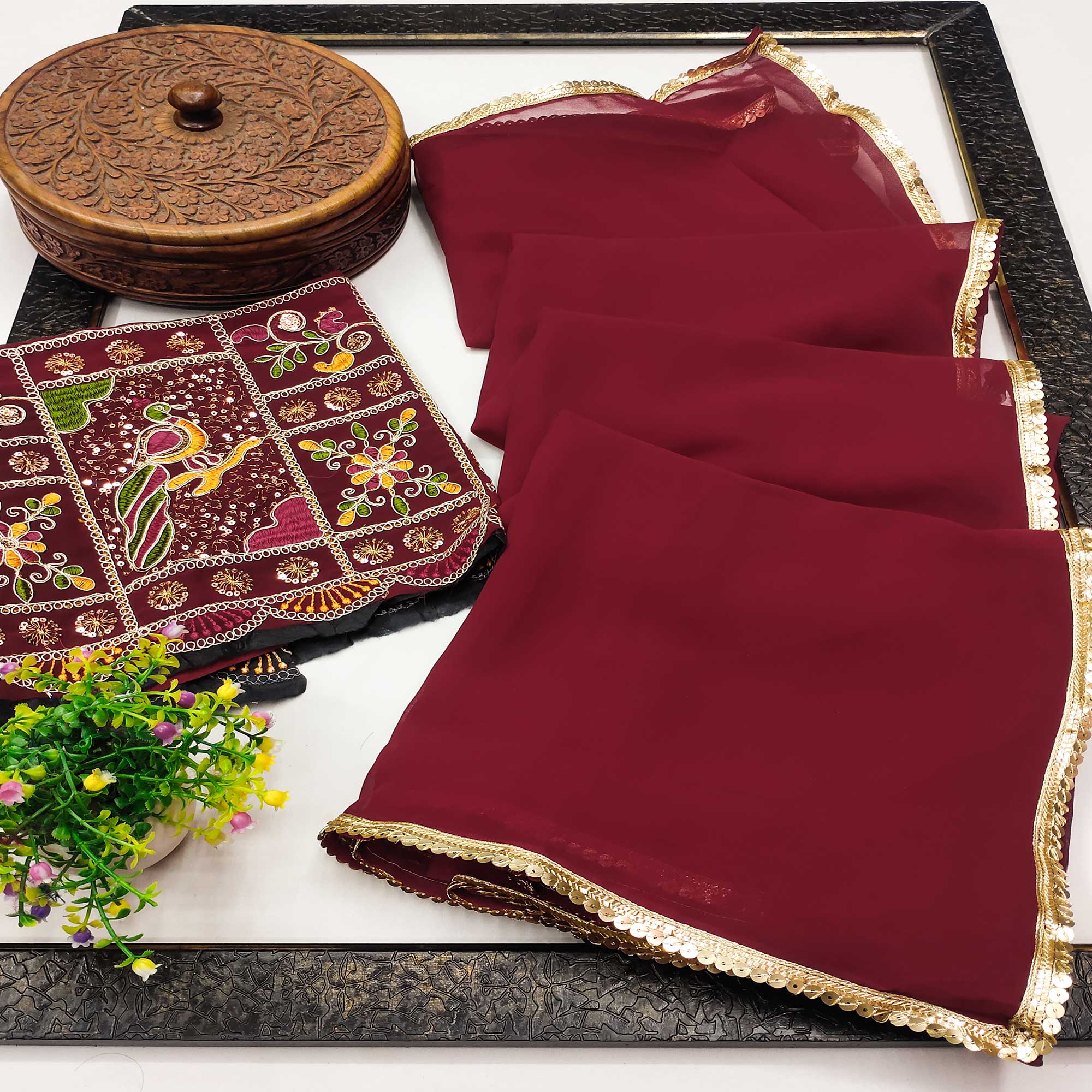 Maroon Solid Georgette Saree With Sequins Border