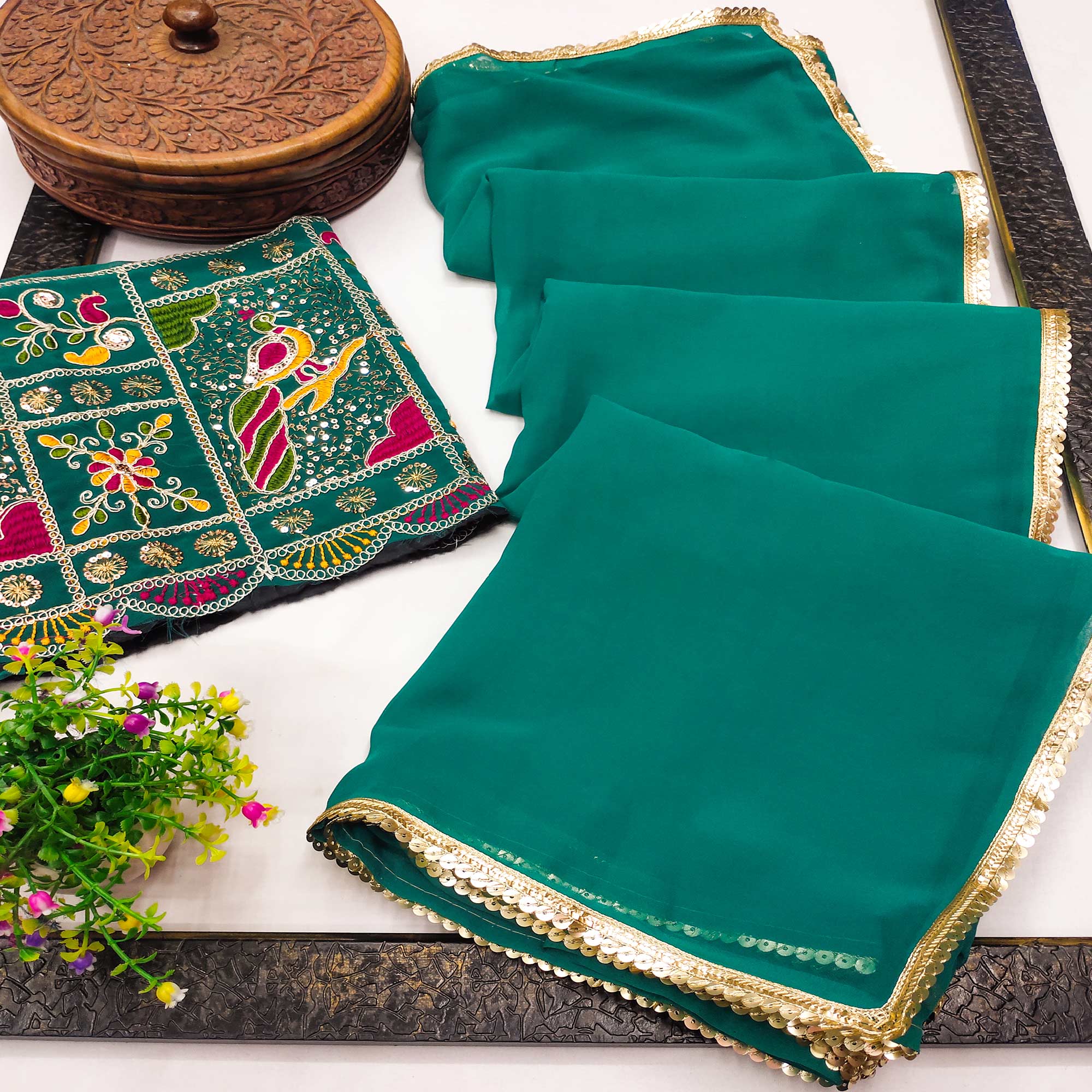 Rama Green Solid Georgette Saree With Sequins Border