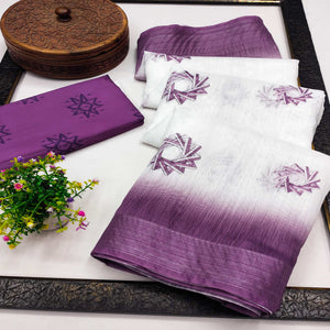 White & Purple Printed Digital Printed Linen Saree