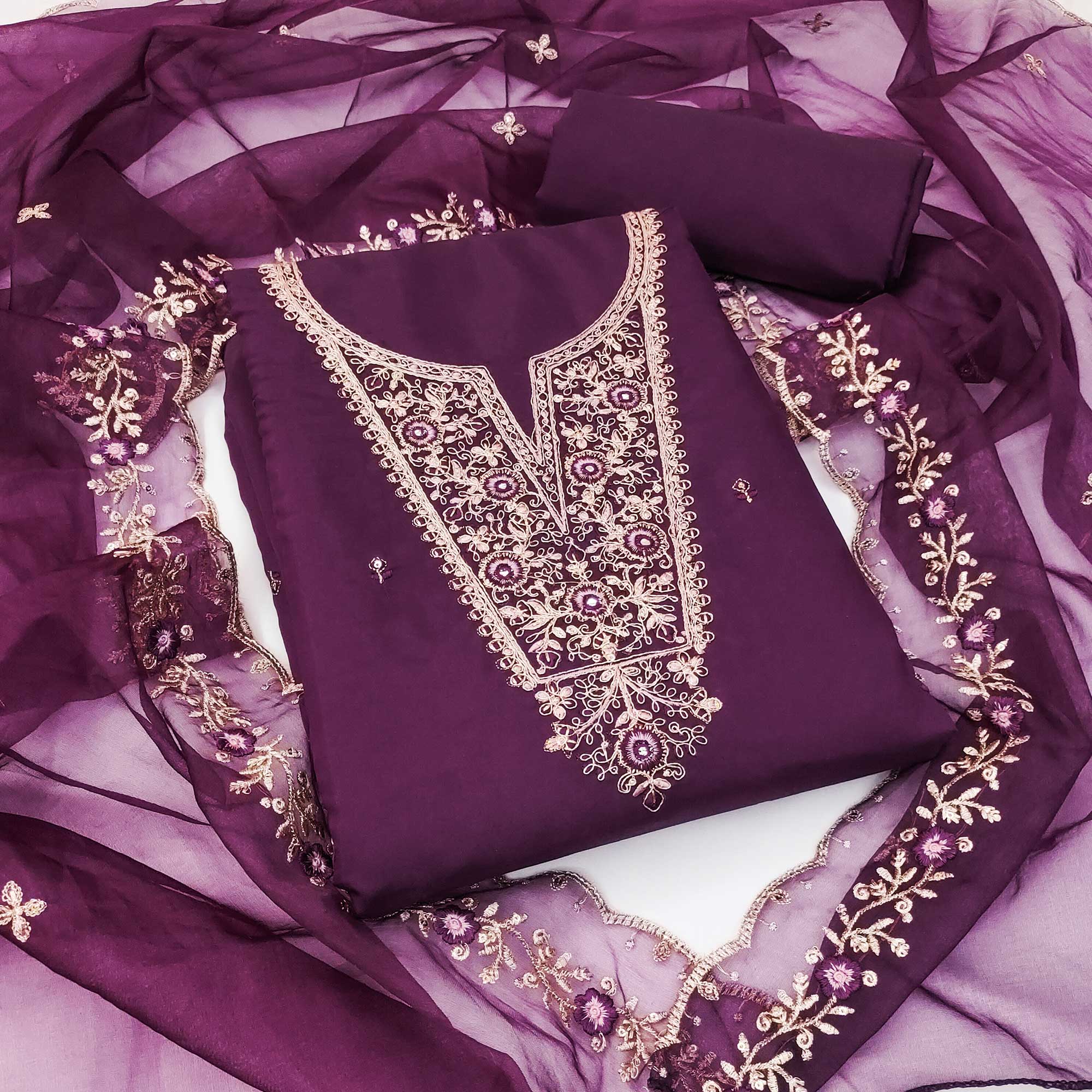 Purple Floral Embroidered Viscose Dress Material