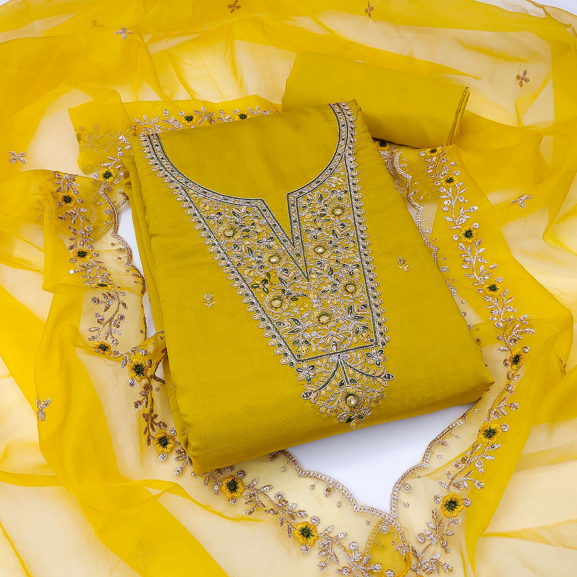 Yellow Floral Embroidered Viscose Dress Material