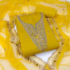 Yellow Floral Embroidered Viscose Dress Material