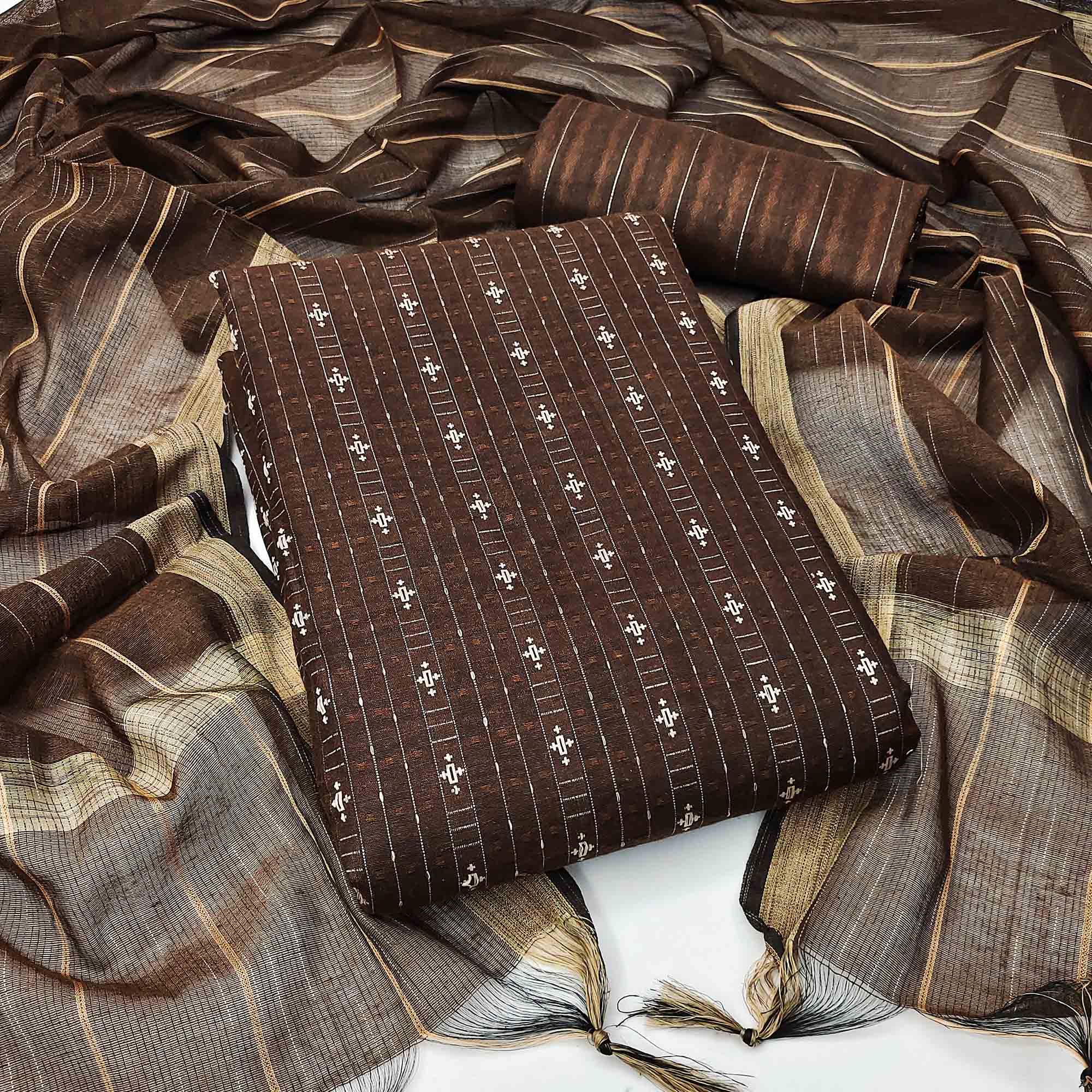 Brown Woven Pure Cotton Dress Material