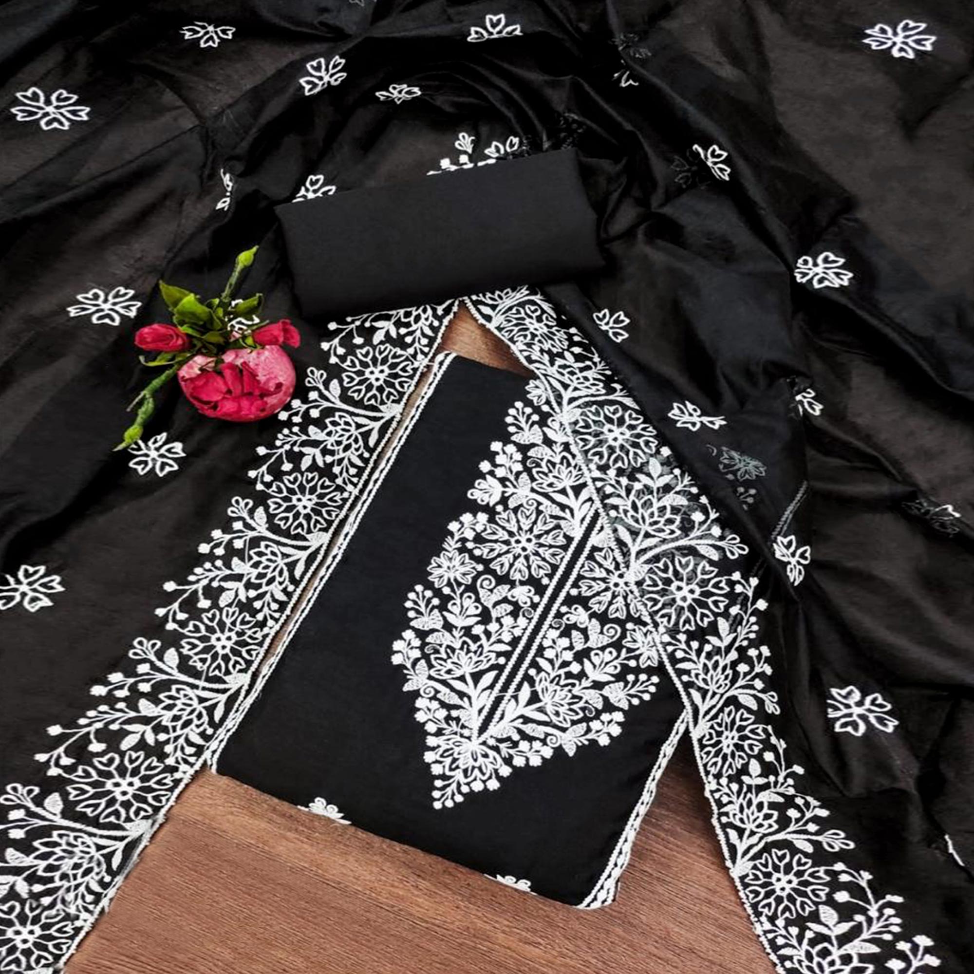 Black Floral Embroidered Chanderi Silk Dress Material
