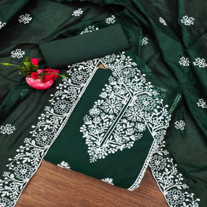 Green Floral Embroidered Chanderi Silk Dress Material