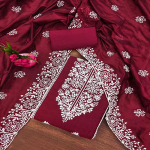 Maroon Floral Embroidered Chanderi Silk Dress Material