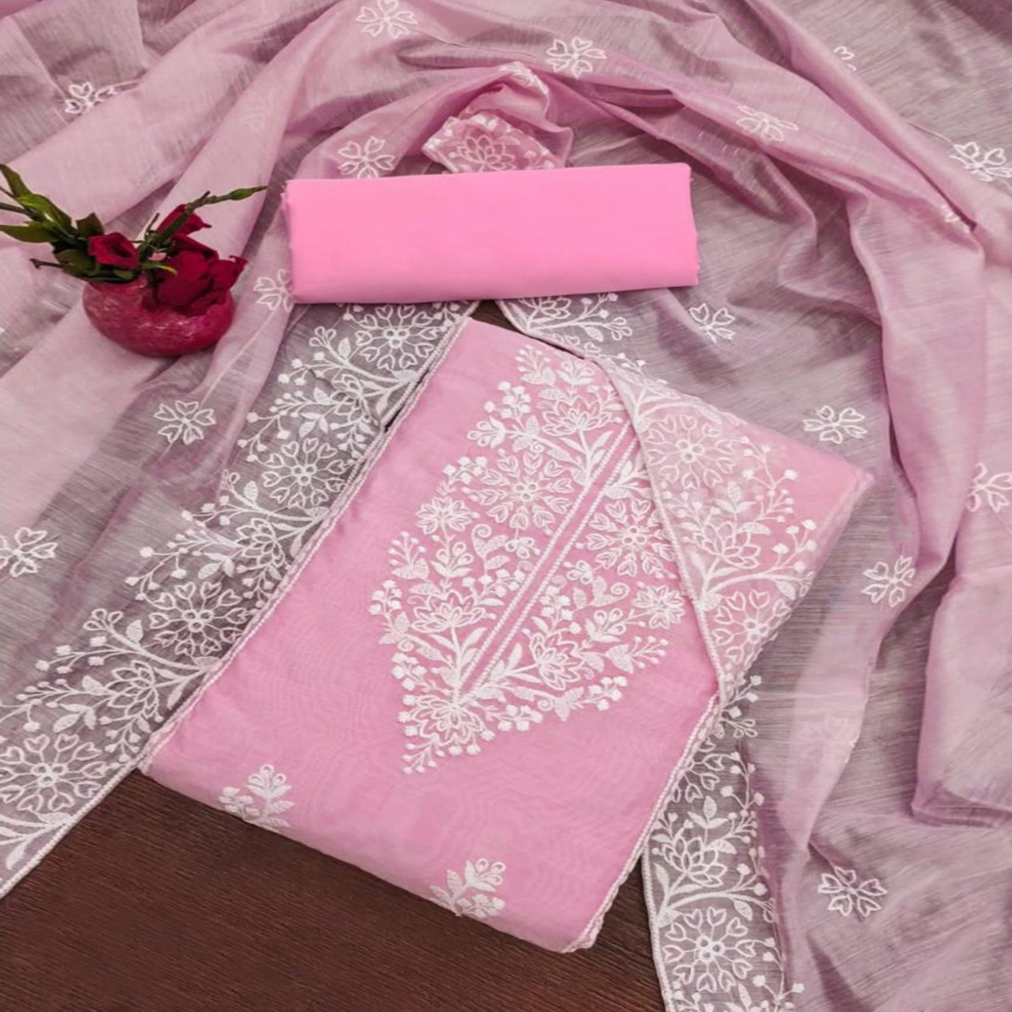 Pink Floral Embroidered Chanderi Silk Dress Material