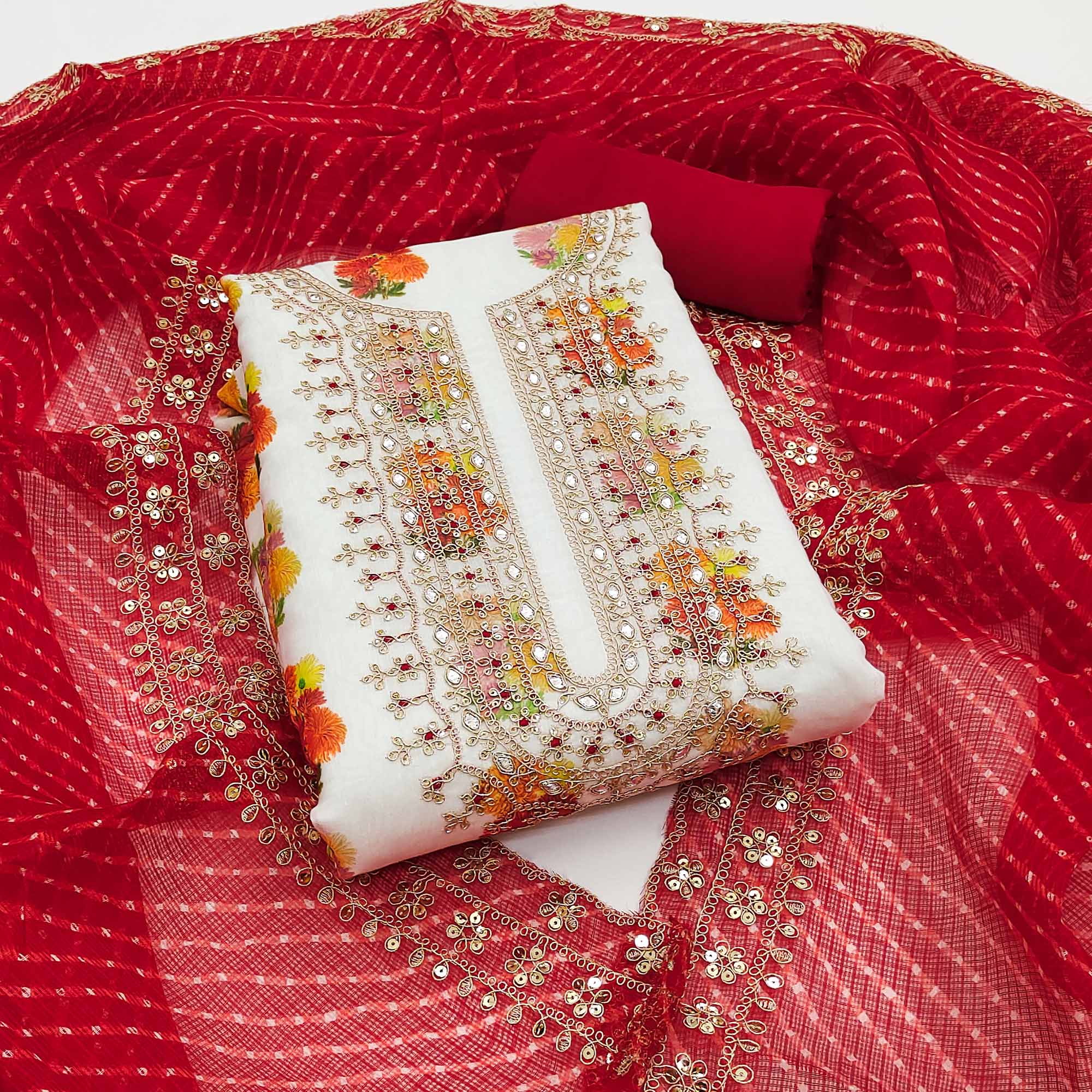 White Floral Printed Chanderi Dress Material