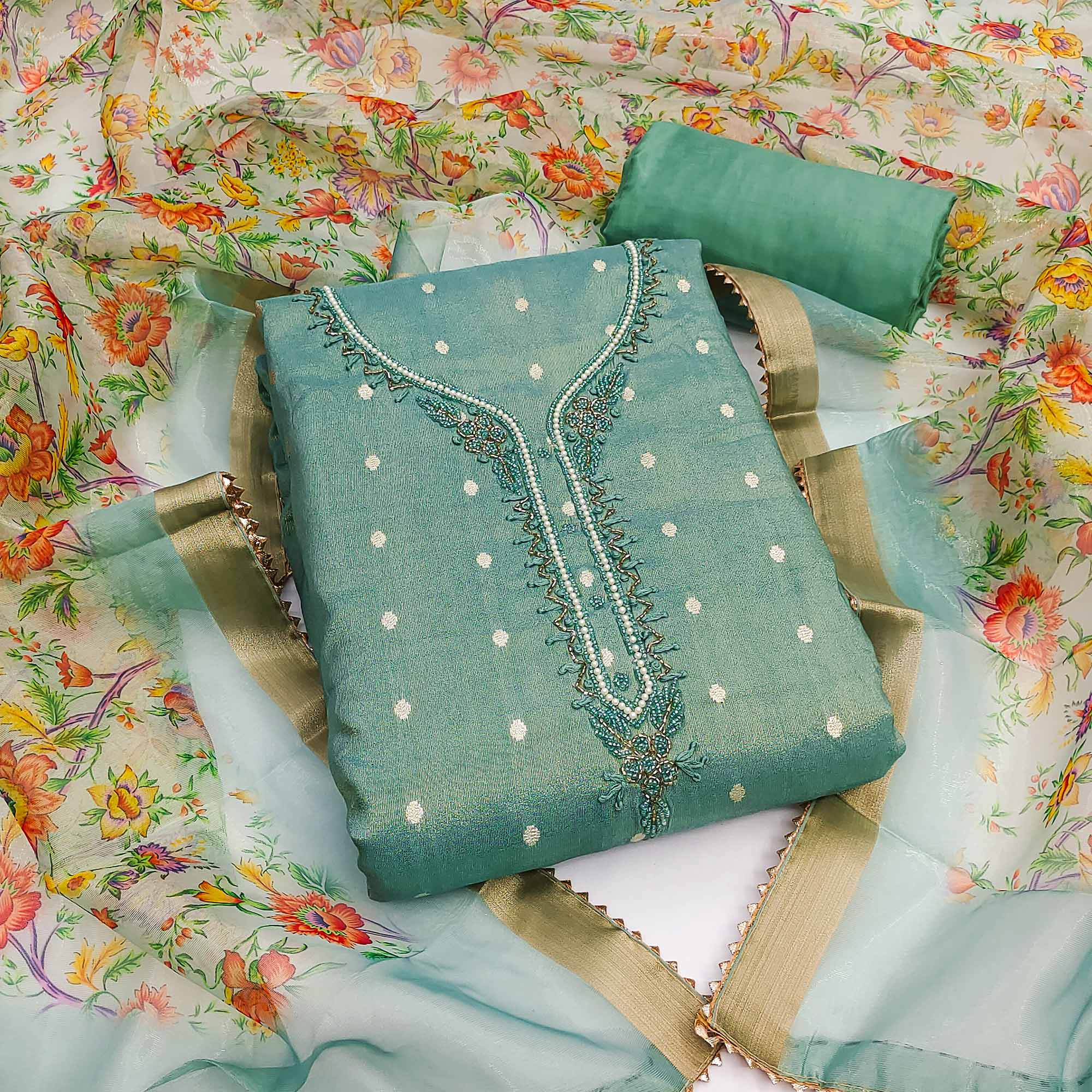 Sea Green Zari Work Woven Net Dress Material