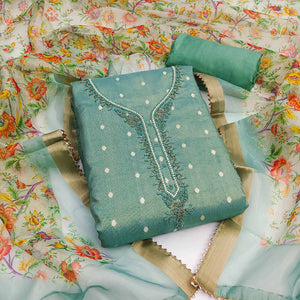 Sea Green Zari Work Woven Net Dress Material