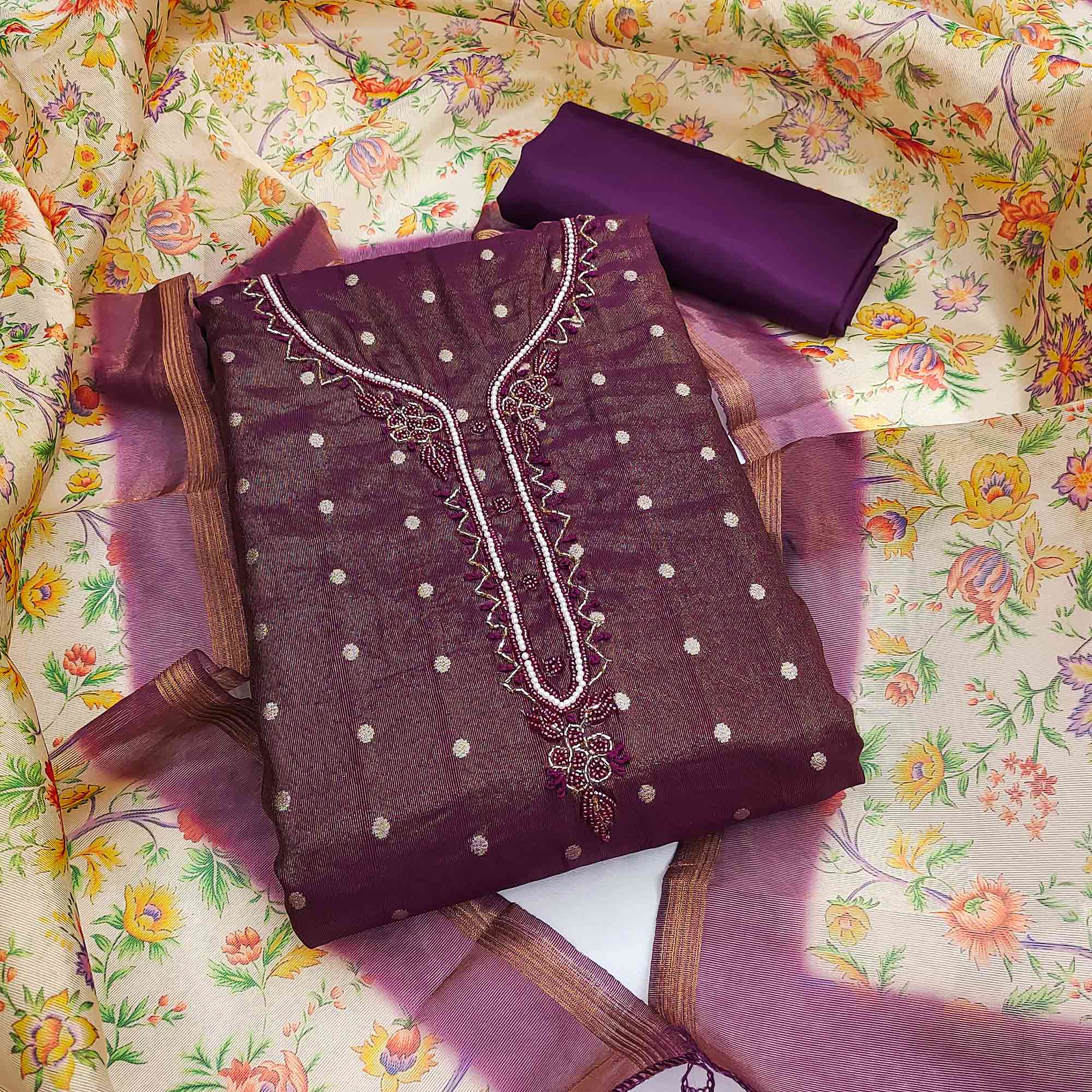 Wine Zari Work Woven Net Dress Material